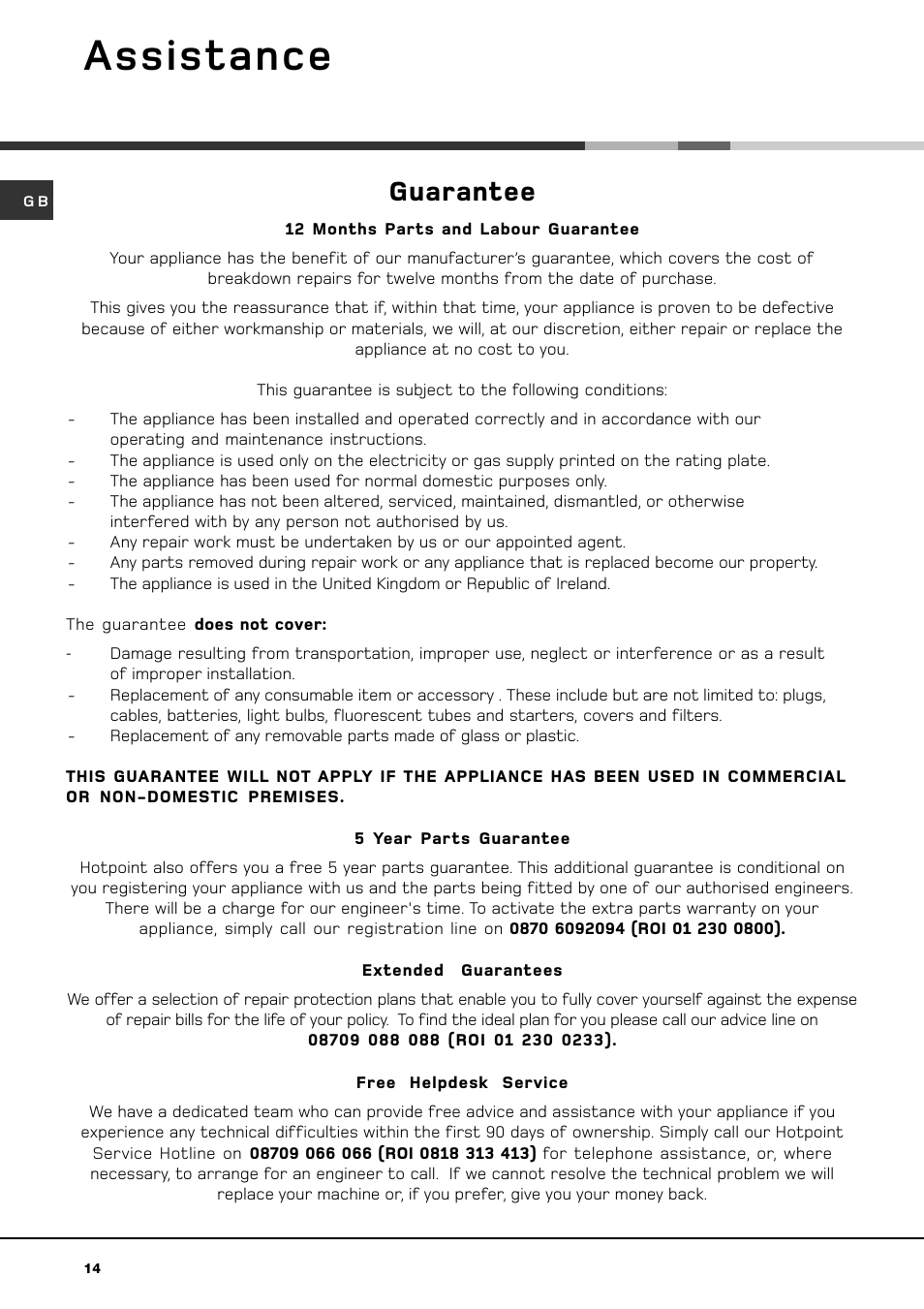 Assistance, Guarantee | Hotpoint HVL 241 User Manual | Page 14 / 16