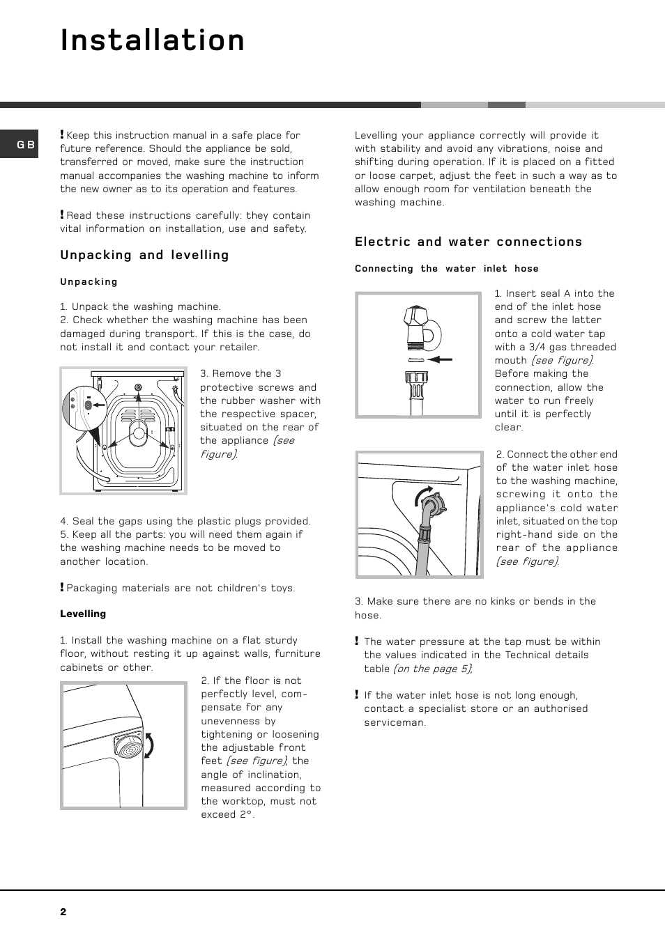 Installation, Unpacking and levelling, Electric and water connections | Hotpoint HVL 241 User Manual | Page 2 / 16