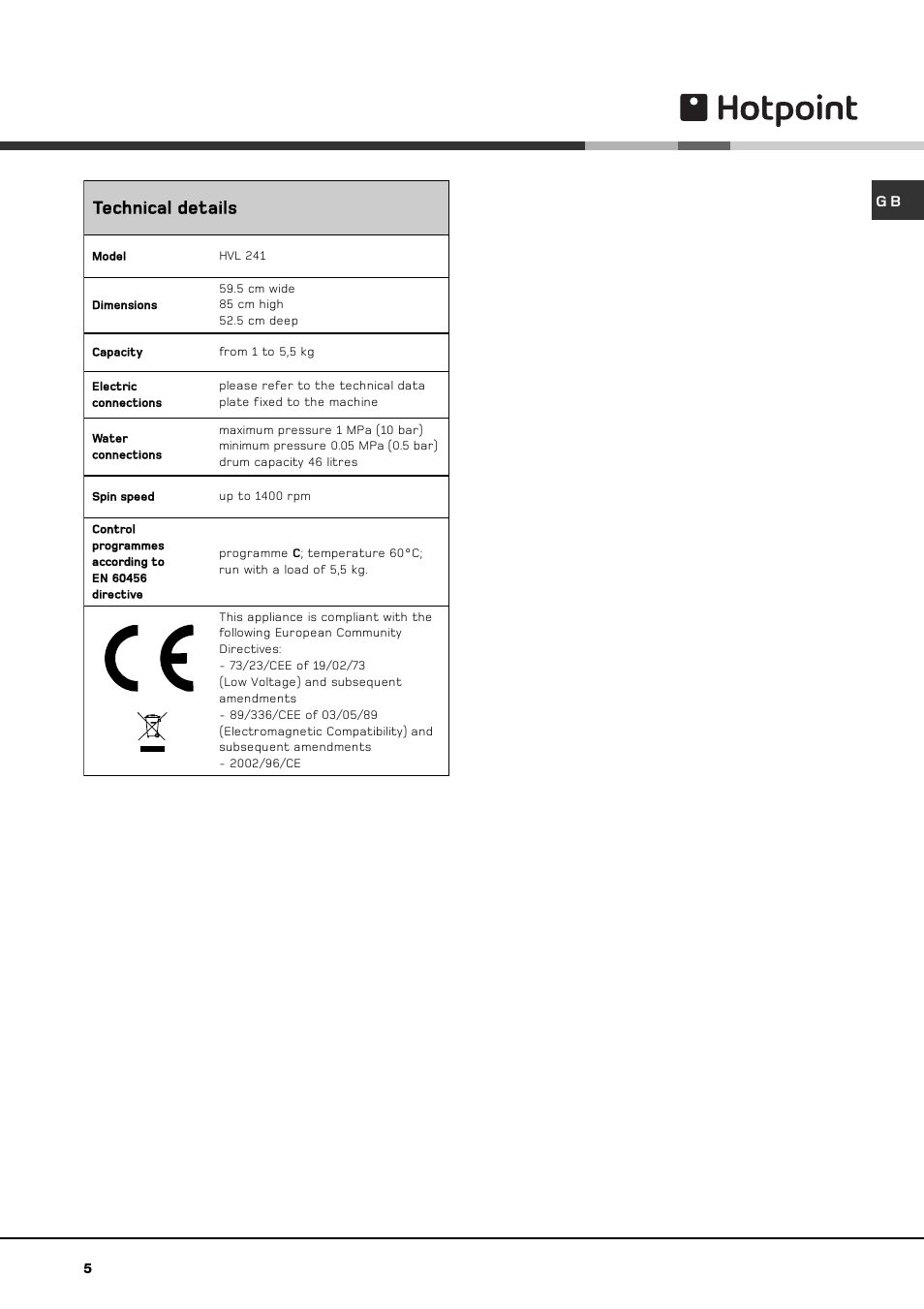 Technical details | Hotpoint HVL 241 User Manual | Page 5 / 16