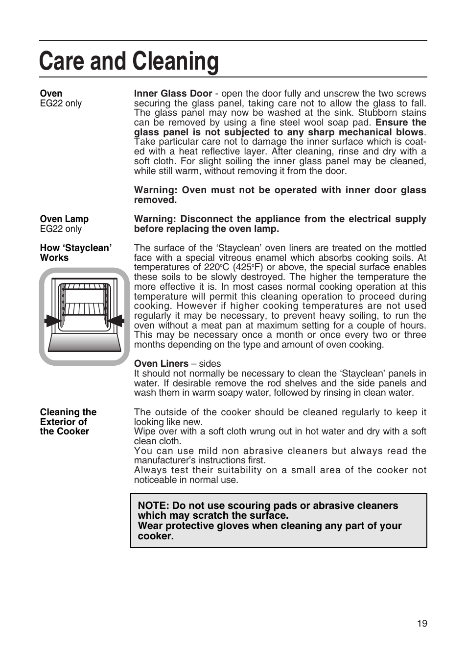 Care and cleaning | Hotpoint EG21 & EG22 User Manual | Page 19 / 32