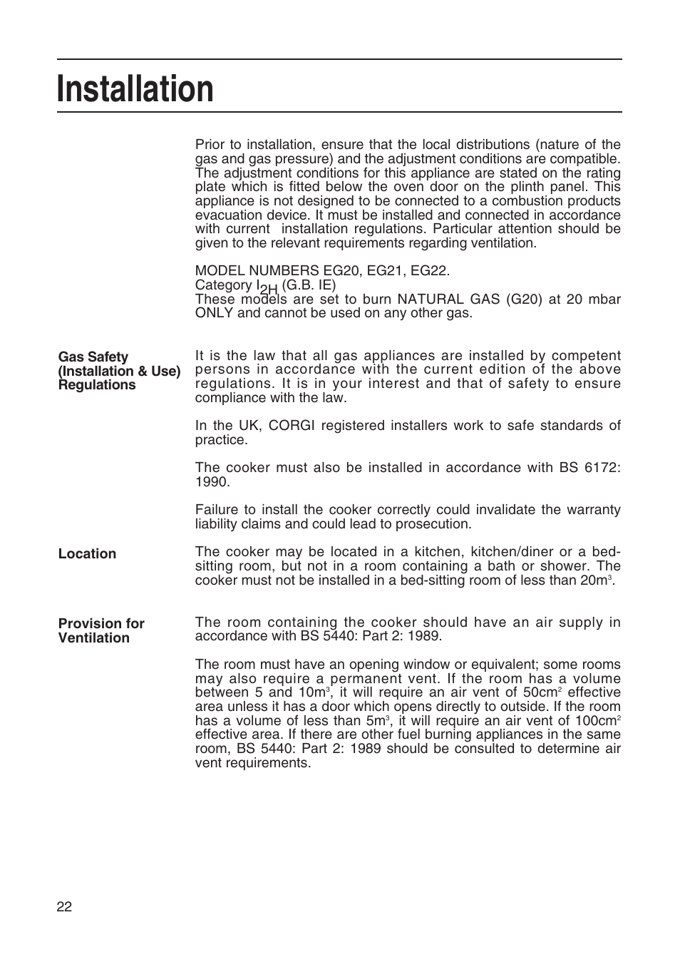 Installation | Hotpoint EG21 & EG22 User Manual | Page 22 / 32