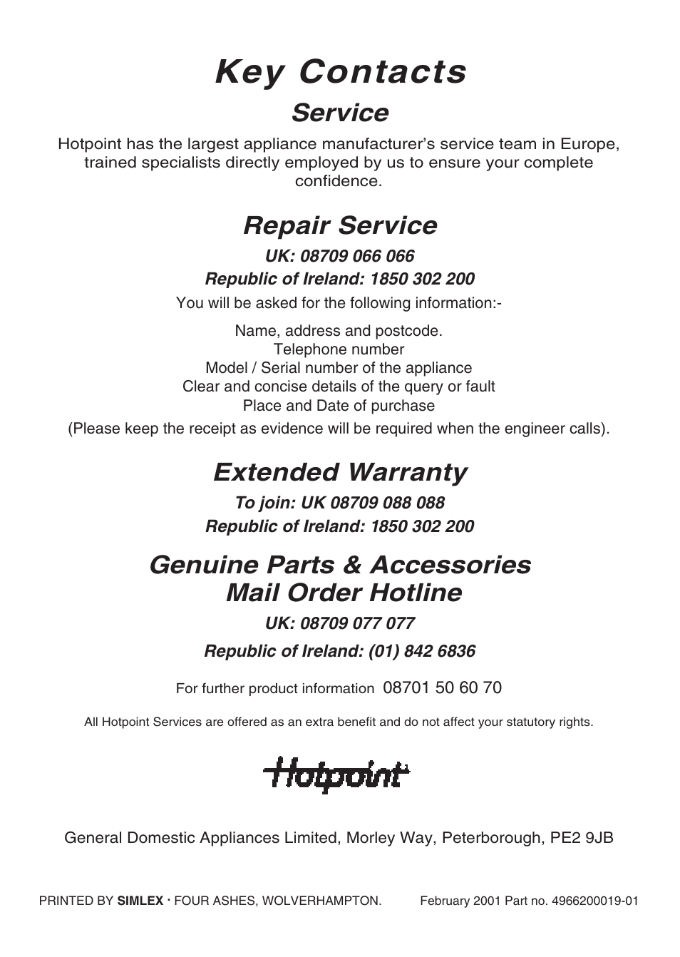 Key contacts, Service, Repair service | Extended warranty, Genuine parts & accessories mail order hotline | Hotpoint EG21 & EG22 User Manual | Page 32 / 32