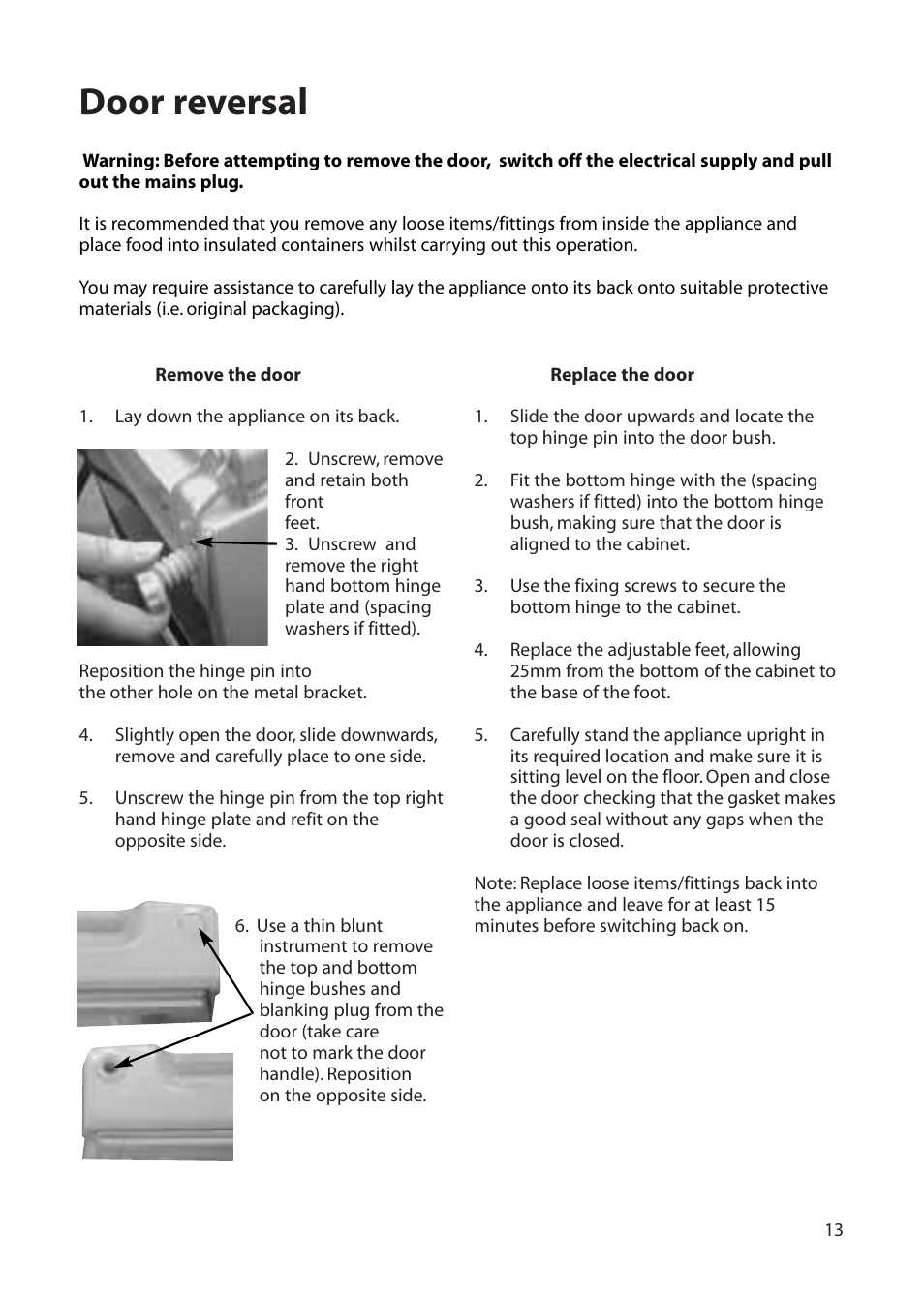 Door reversal | Hotpoint RLB20 User Manual | Page 13 / 20