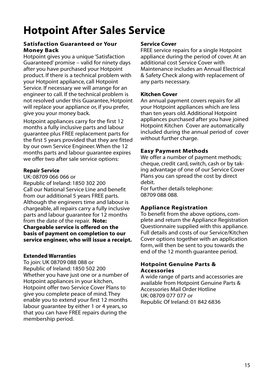 Hotpoint after sales service | Hotpoint RLB20 User Manual | Page 15 / 20