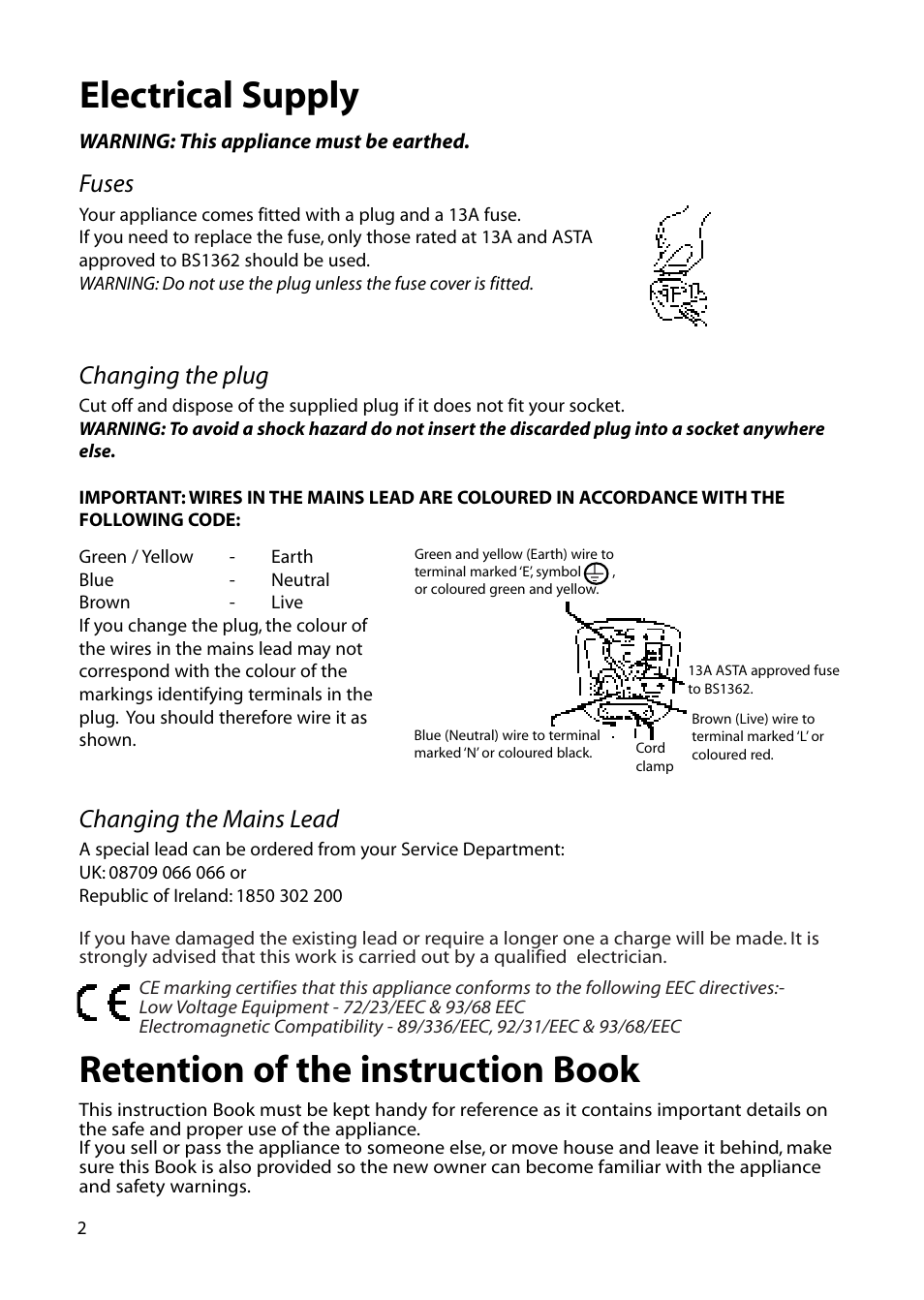 Electrical supply, Retention of the instruction book, Fuses | Changing the mains lead, Changing the plug | Hotpoint RLB20 User Manual | Page 2 / 20