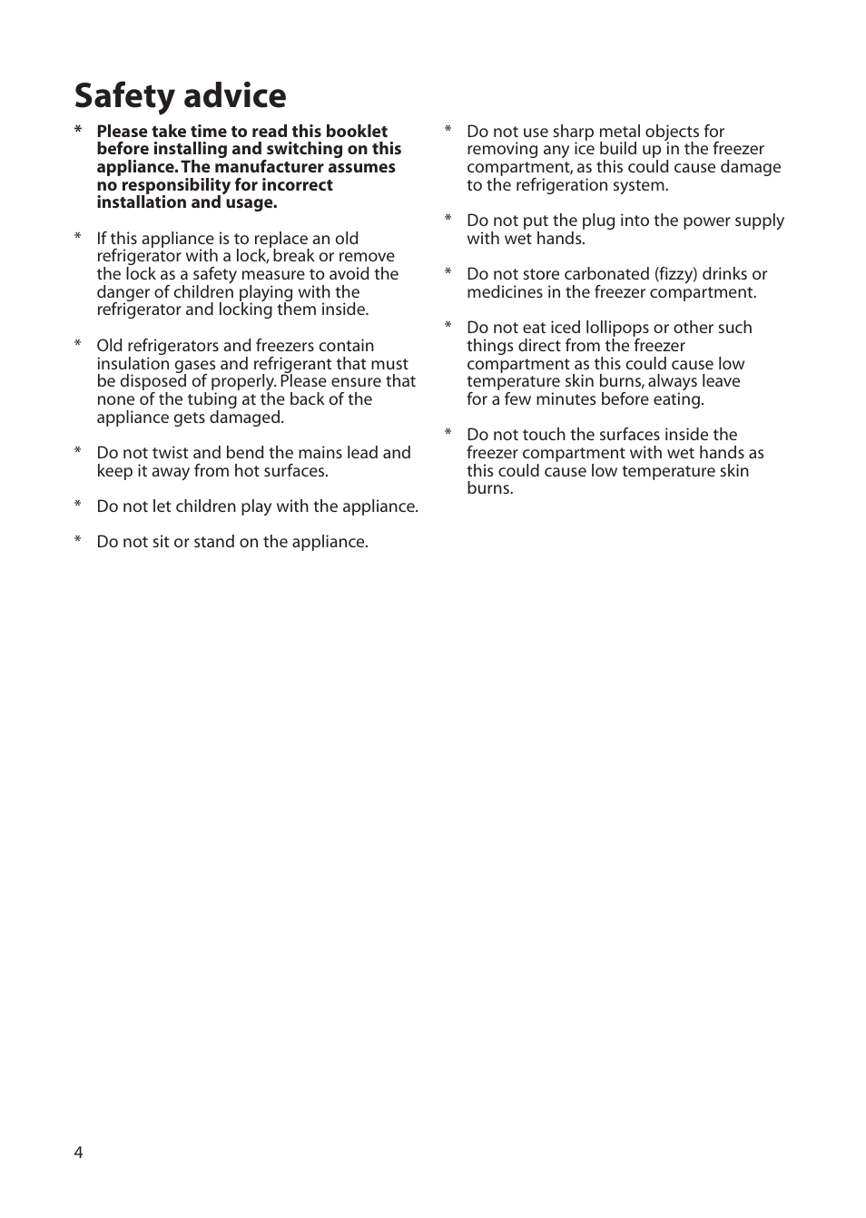 Safety advice | Hotpoint RLB20 User Manual | Page 4 / 20