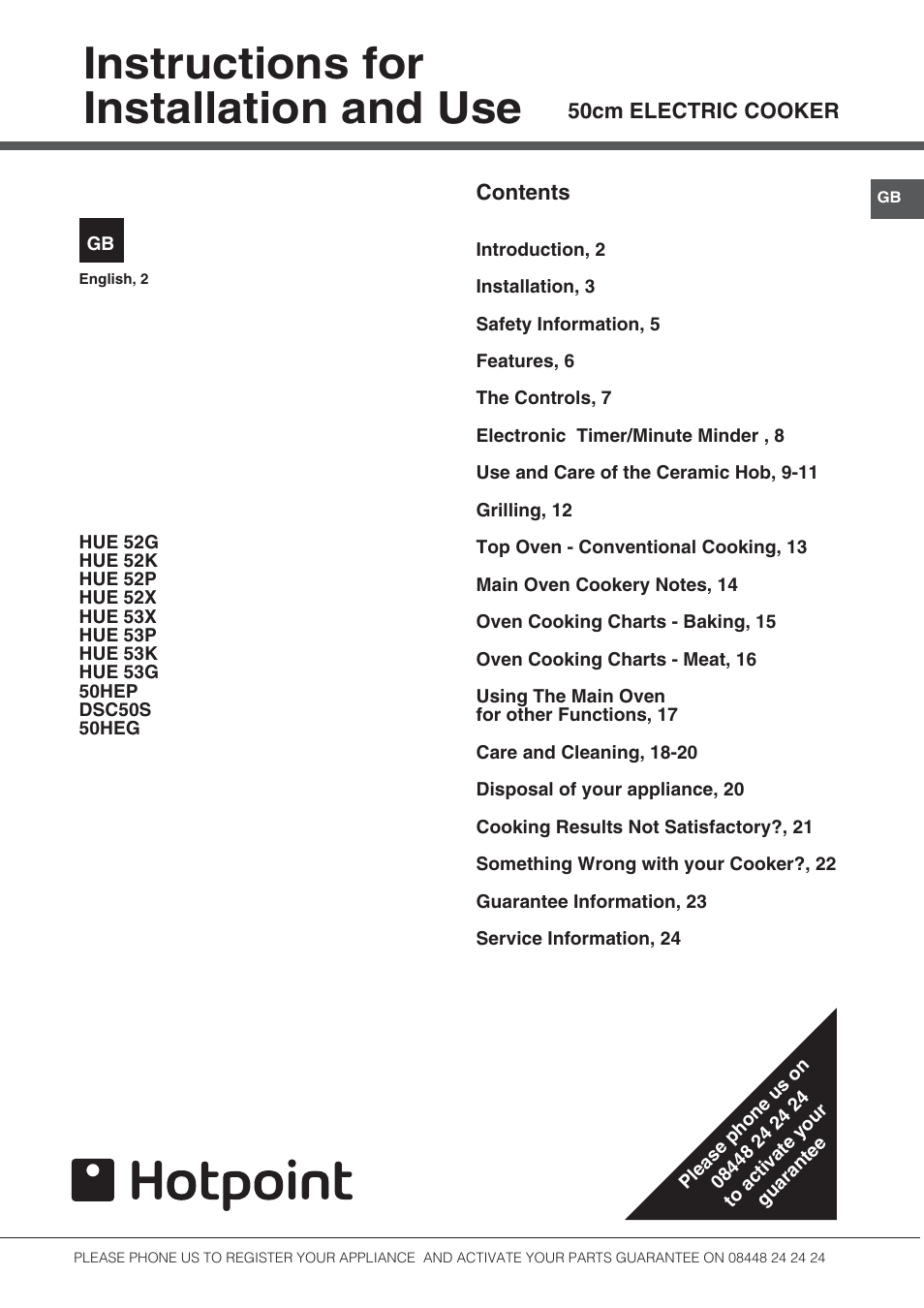 Hotpoint 50cm Electric Cooker HUE52G User Manual | 24 pages