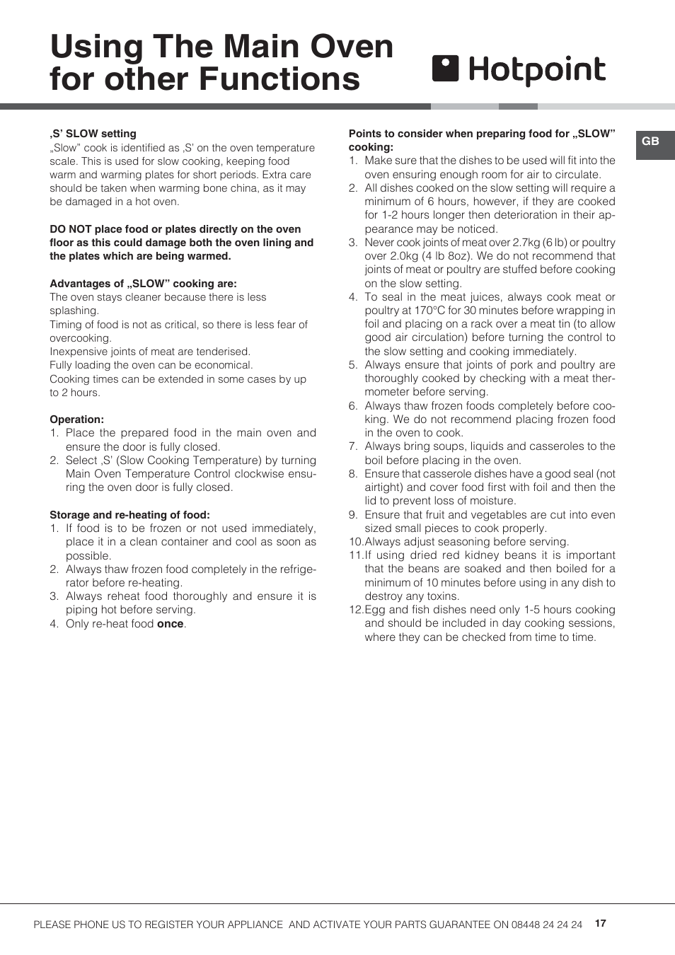 Using the main oven for other functions | Hotpoint 50cm Electric Cooker HUE52G User Manual | Page 17 / 24