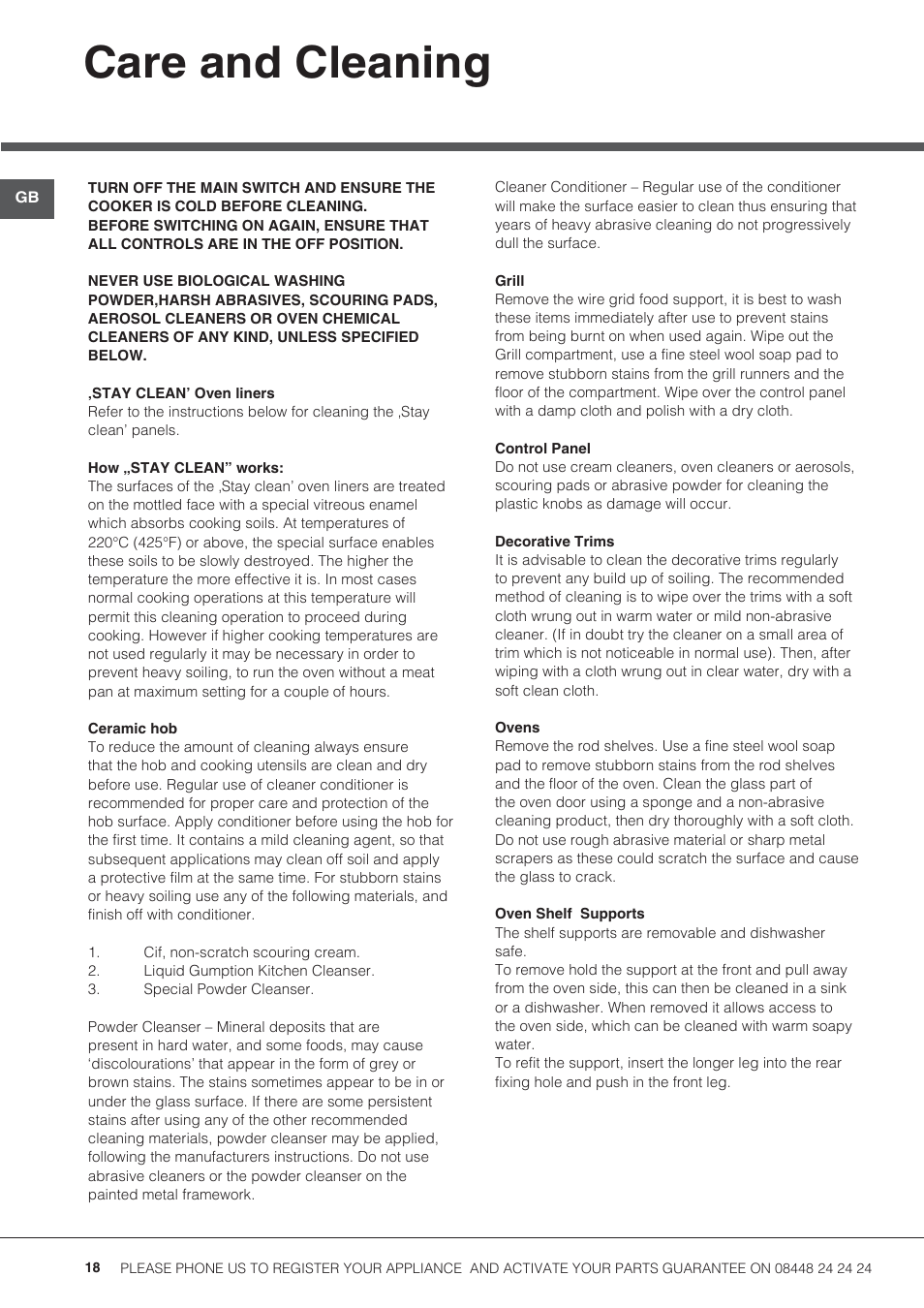 Care and cleaning | Hotpoint 50cm Electric Cooker HUE52G User Manual | Page 18 / 24