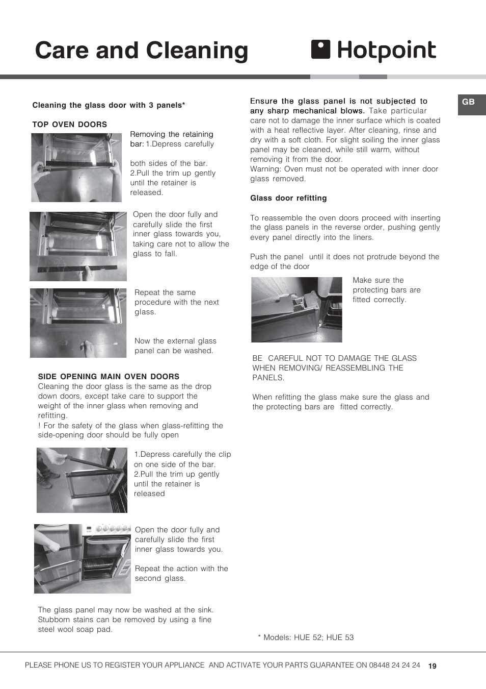 Care and cleaning | Hotpoint 50cm Electric Cooker HUE52G User Manual | Page 19 / 24