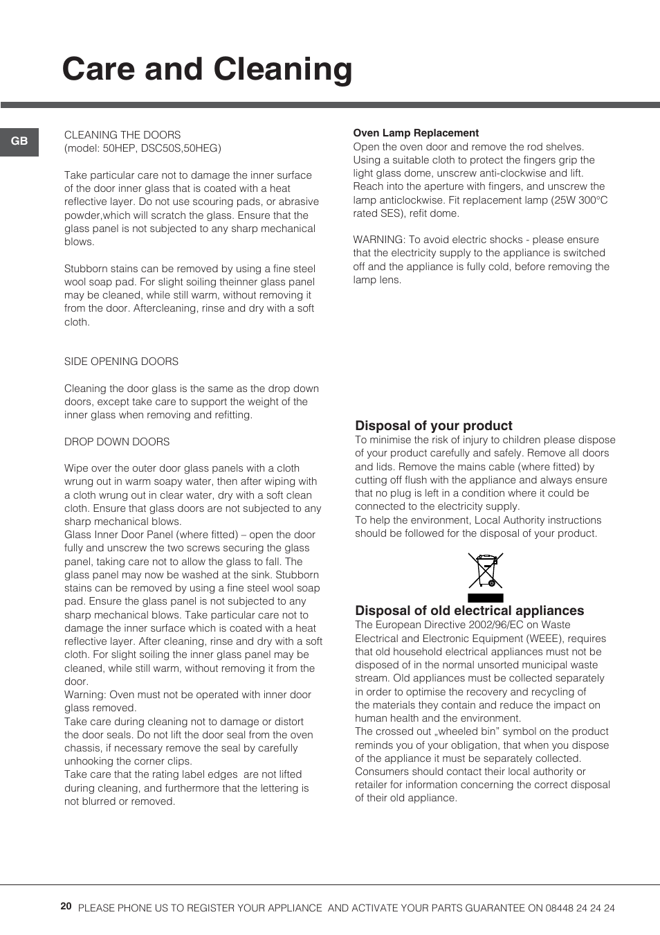 Care and cleaning | Hotpoint 50cm Electric Cooker HUE52G User Manual | Page 20 / 24