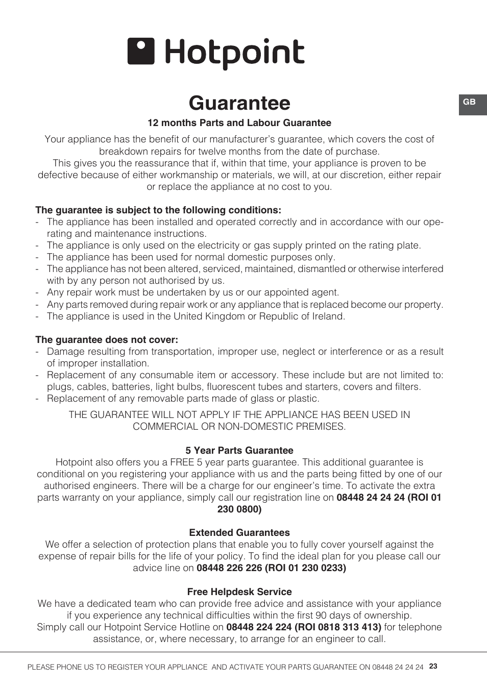 Guarantee | Hotpoint 50cm Electric Cooker HUE52G User Manual | Page 23 / 24
