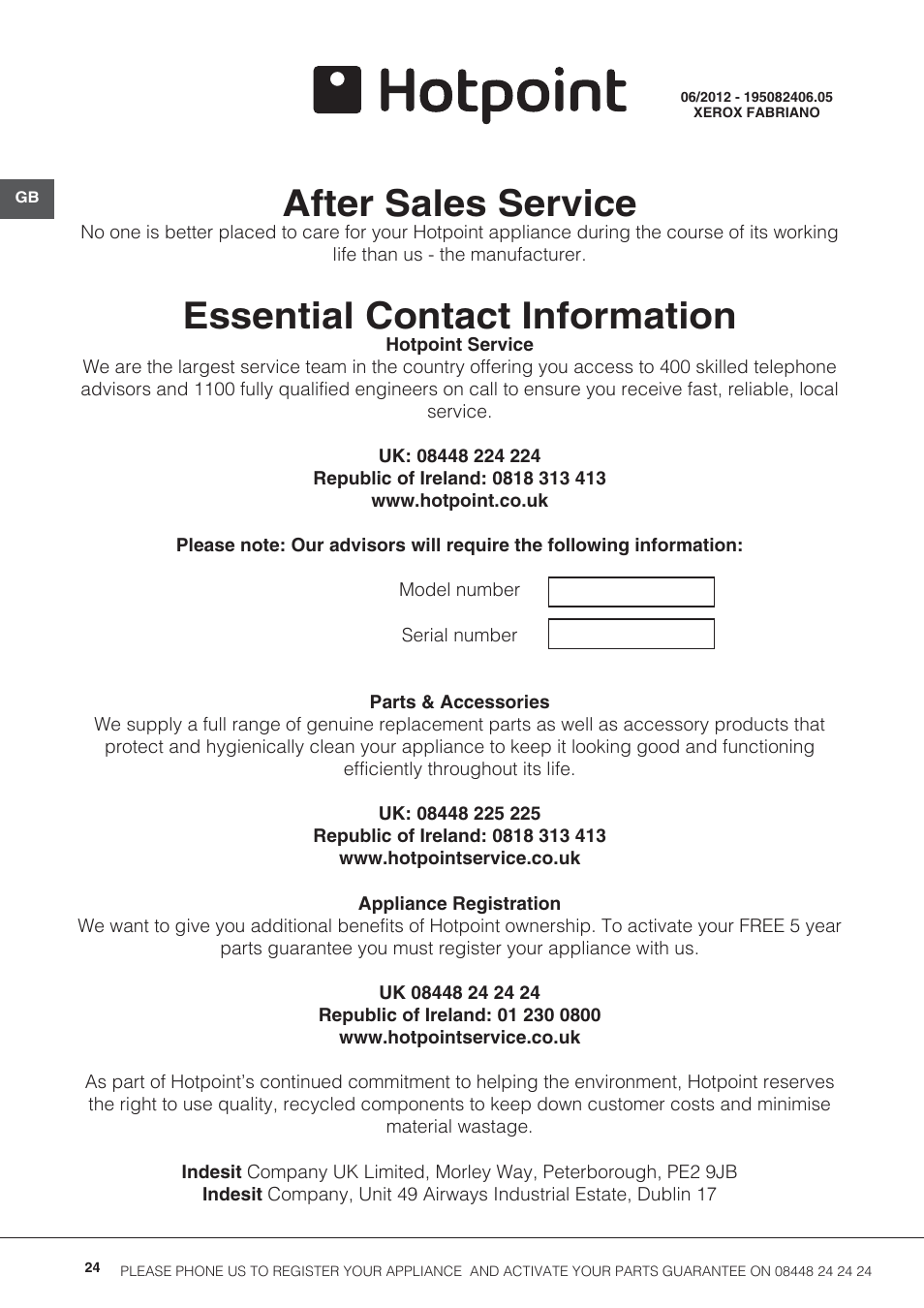 After sales service, Essential contact information | Hotpoint 50cm Electric Cooker HUE52G User Manual | Page 24 / 24