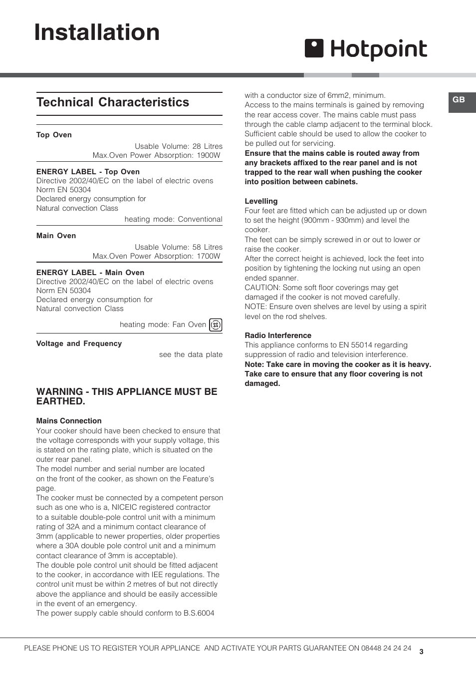 Installation, Technical characteristics | Hotpoint 50cm Electric Cooker HUE52G User Manual | Page 3 / 24