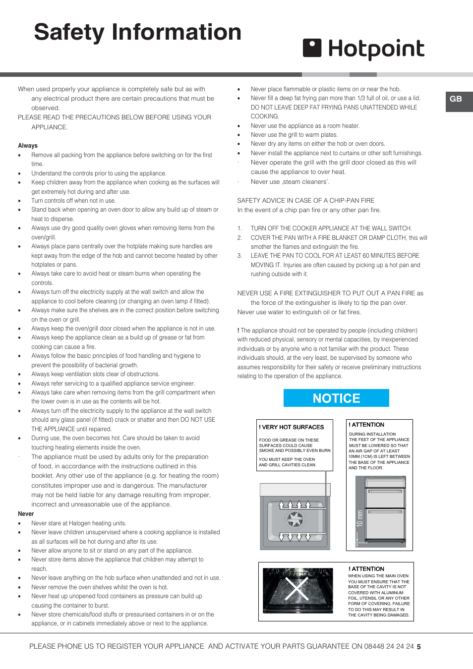 Safety information, 10 mm | Hotpoint 50cm Electric Cooker HUE52G User Manual | Page 5 / 24