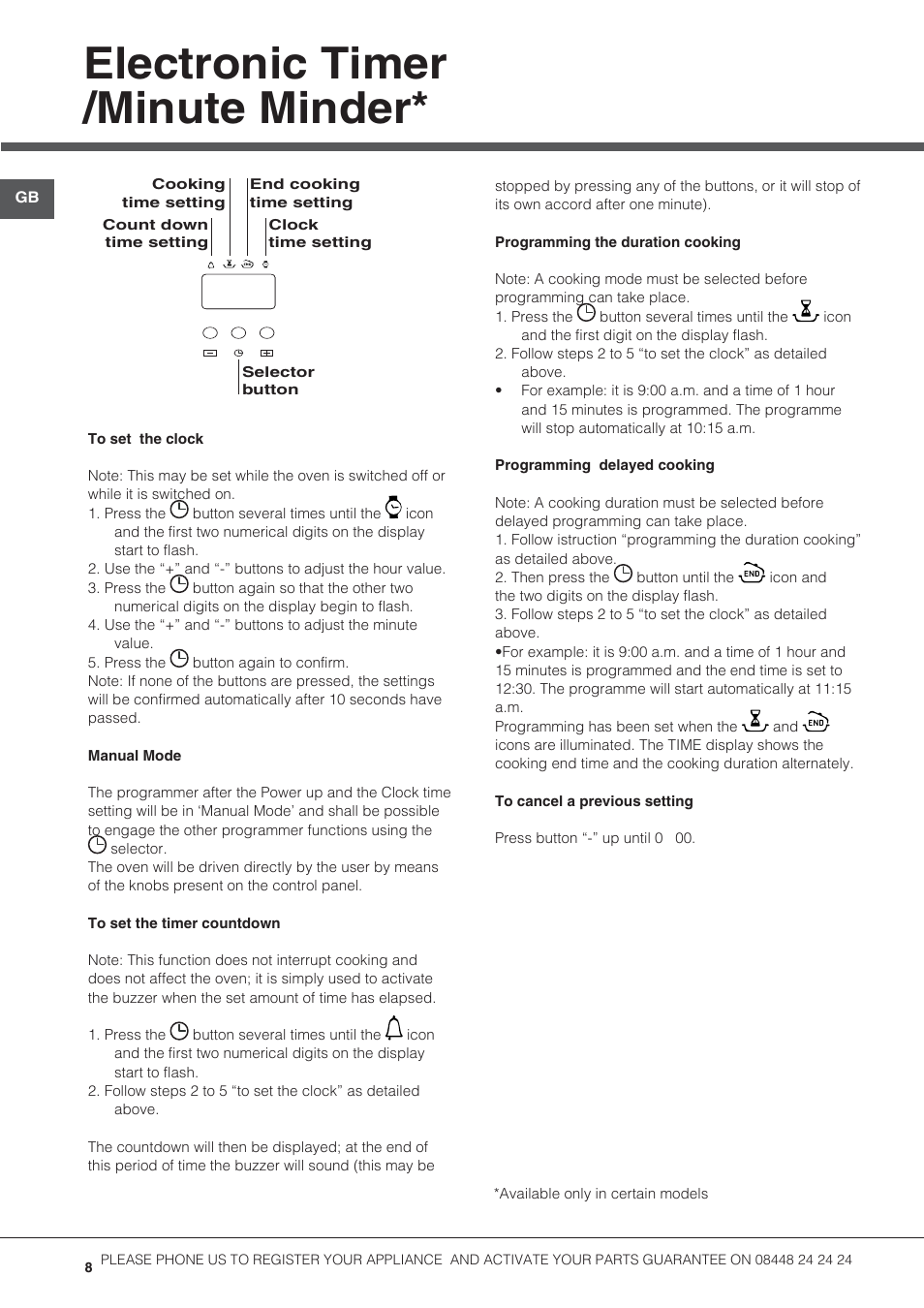 Electronic timer /minute minder | Hotpoint 50cm Electric Cooker HUE52G User Manual | Page 8 / 24