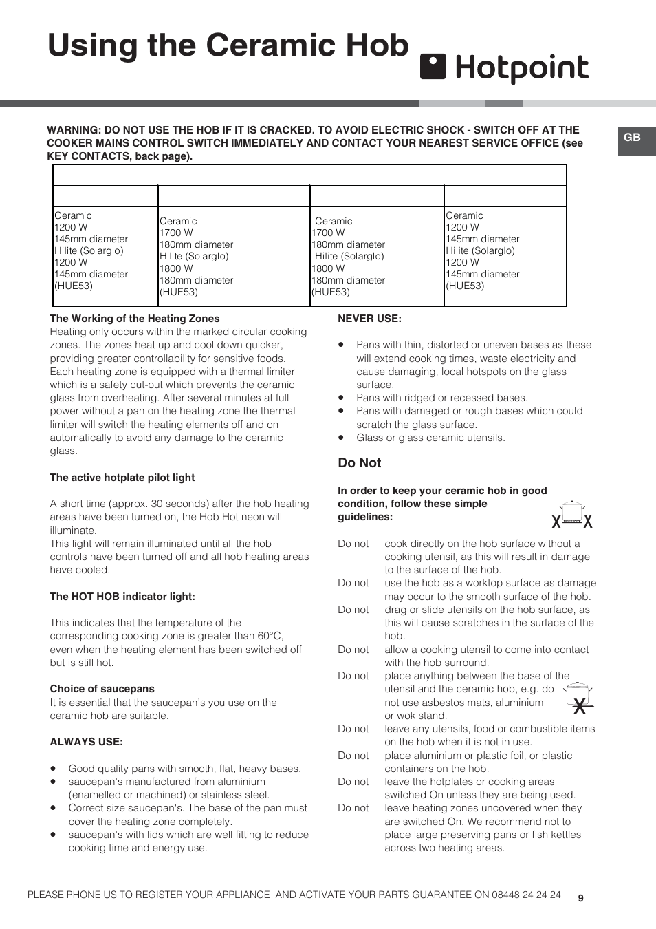 Using the ceramic hob, Do not | Hotpoint 50cm Electric Cooker HUE52G User Manual | Page 9 / 24