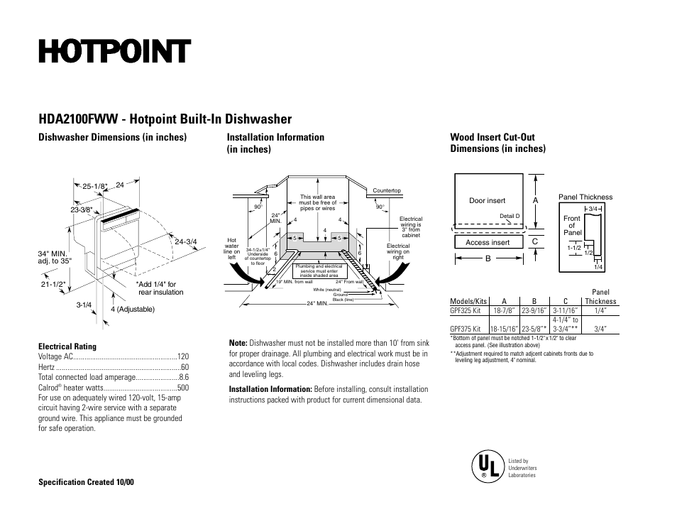 Hotpoint HDA2100FWW User Manual | 2 pages