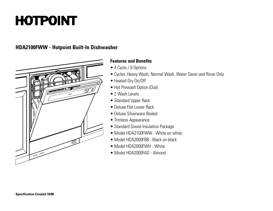 Hda2100fww - hotpoint built-in dishwasher | Hotpoint HDA2100FWW User Manual | Page 2 / 2