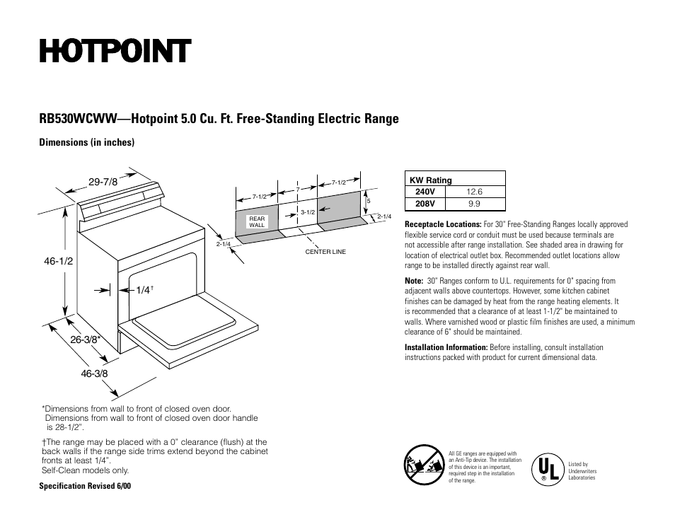 Hotpoint RB530WCWW User Manual | 2 pages