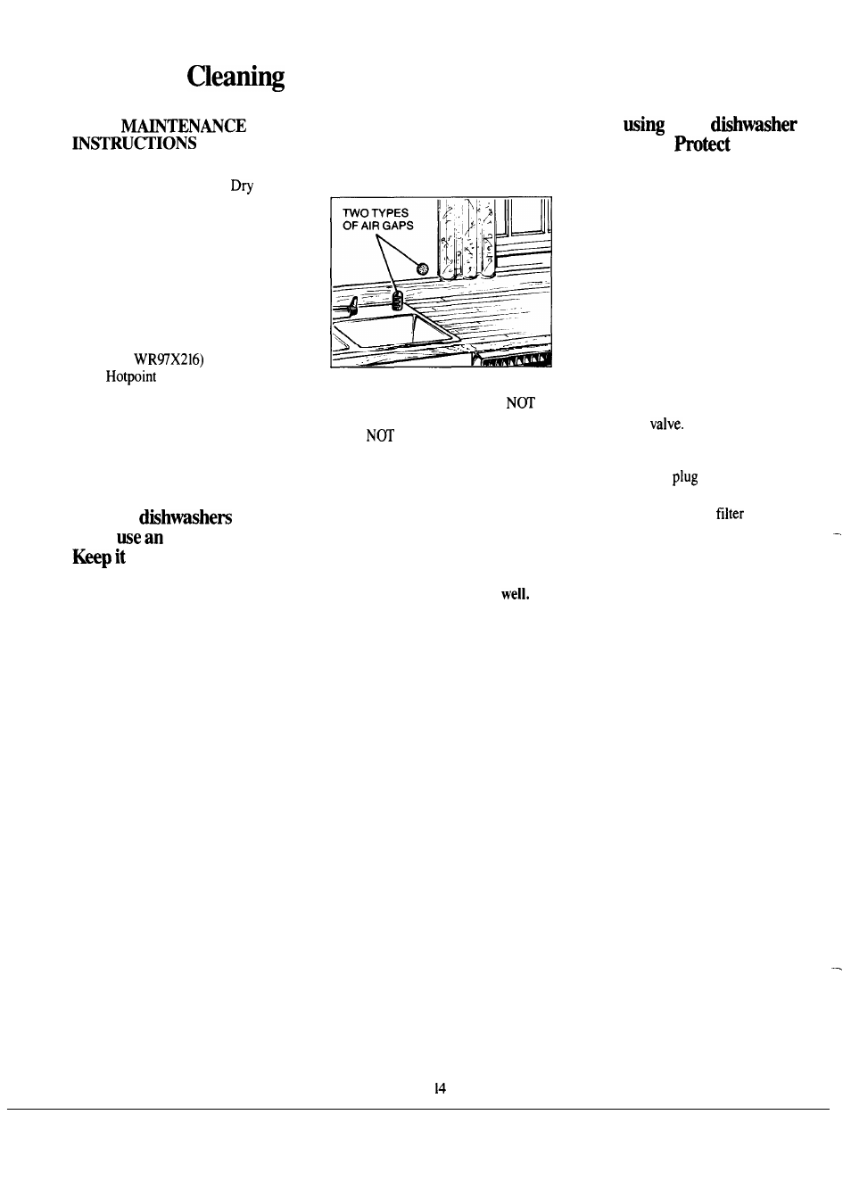 Air gap, Care and cleaning, Service | User maintenance instructions 14, Winter storage, Care and, Built-in often air gap. clean, Not your in winter? against freezing | Hotpoint HDA1OOOK User Manual | Page 14 / 16