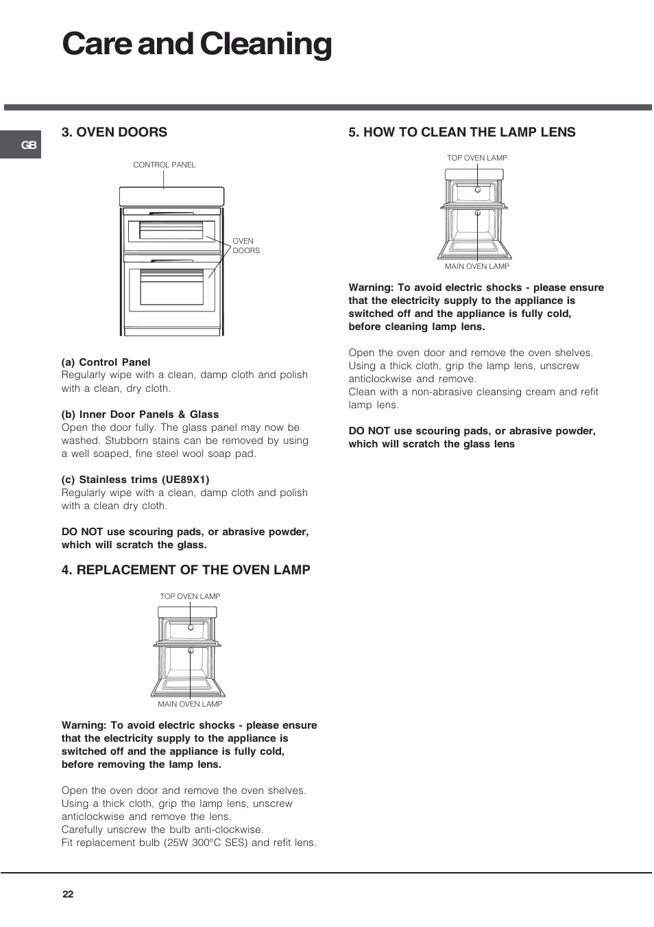Care and cleaning, Oven doors, Replacement of the oven lamp | How to clean the lamp lens | Hotpoint UQ89I User Manual | Page 22 / 32