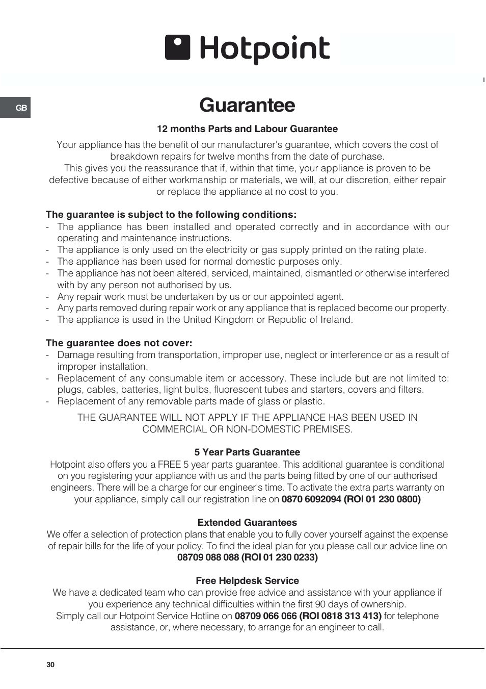 Guarantee | Hotpoint UQ89I User Manual | Page 30 / 32
