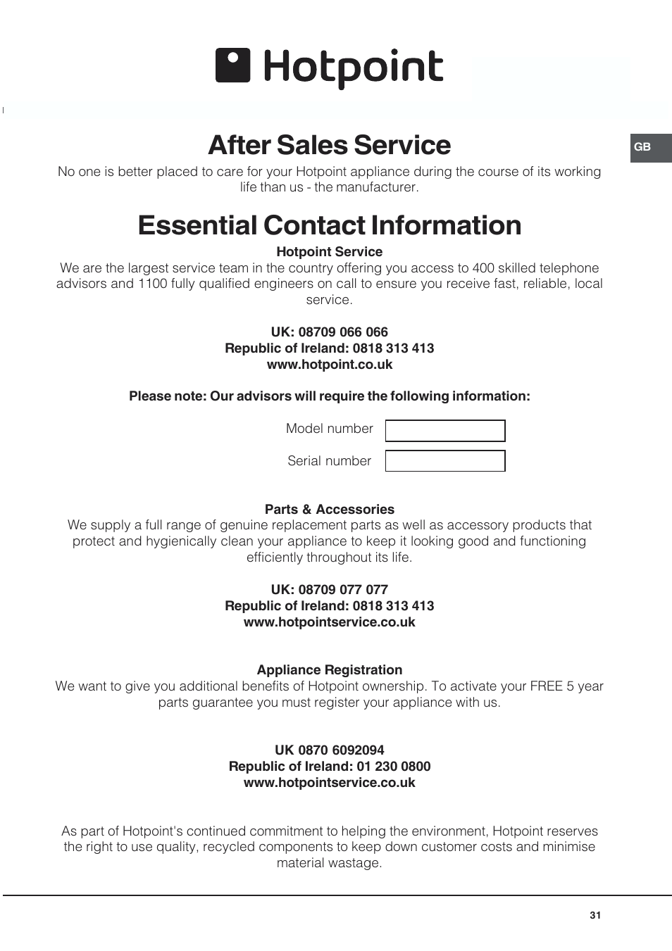 After sales service, Essential contact information | Hotpoint UQ89I User Manual | Page 31 / 32