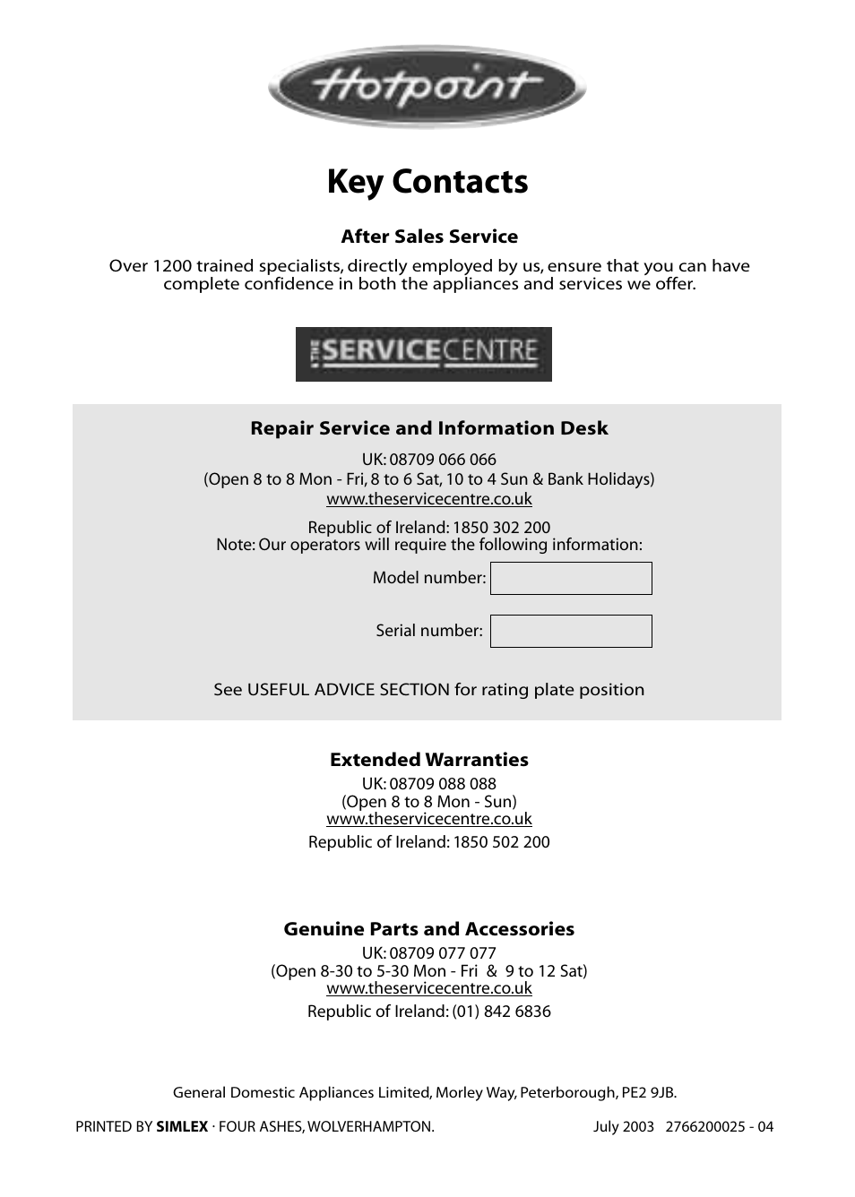 Key contacts | Hotpoint FZM80 User Manual | Page 20 / 20