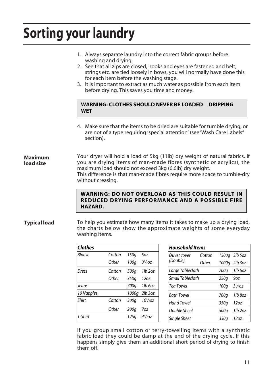 Sorting your laundry | Hotpoint TFA53 User Manual | Page 11 / 20