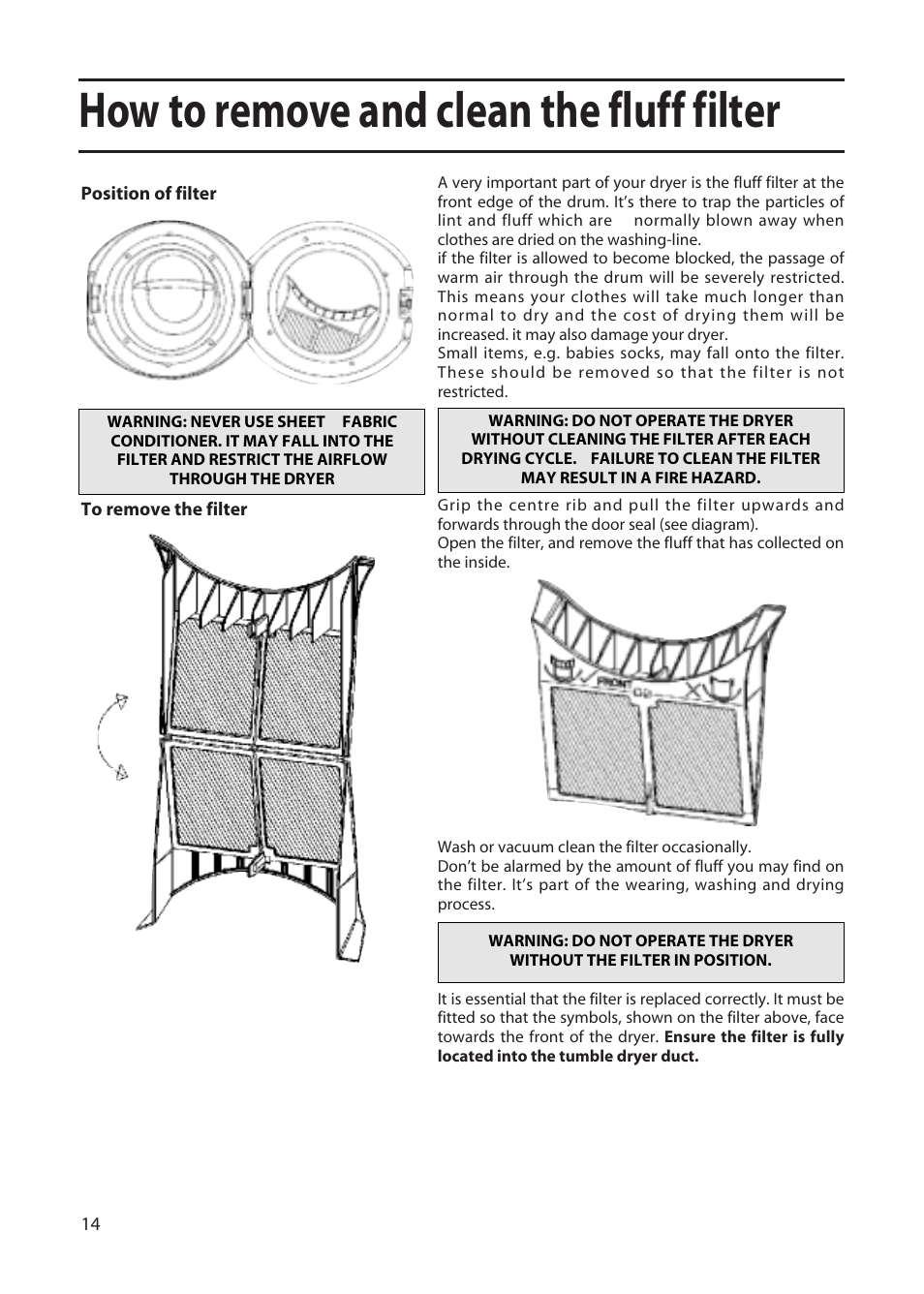 How to remove and clean the fluff filter | Hotpoint TFA53 User Manual | Page 14 / 20