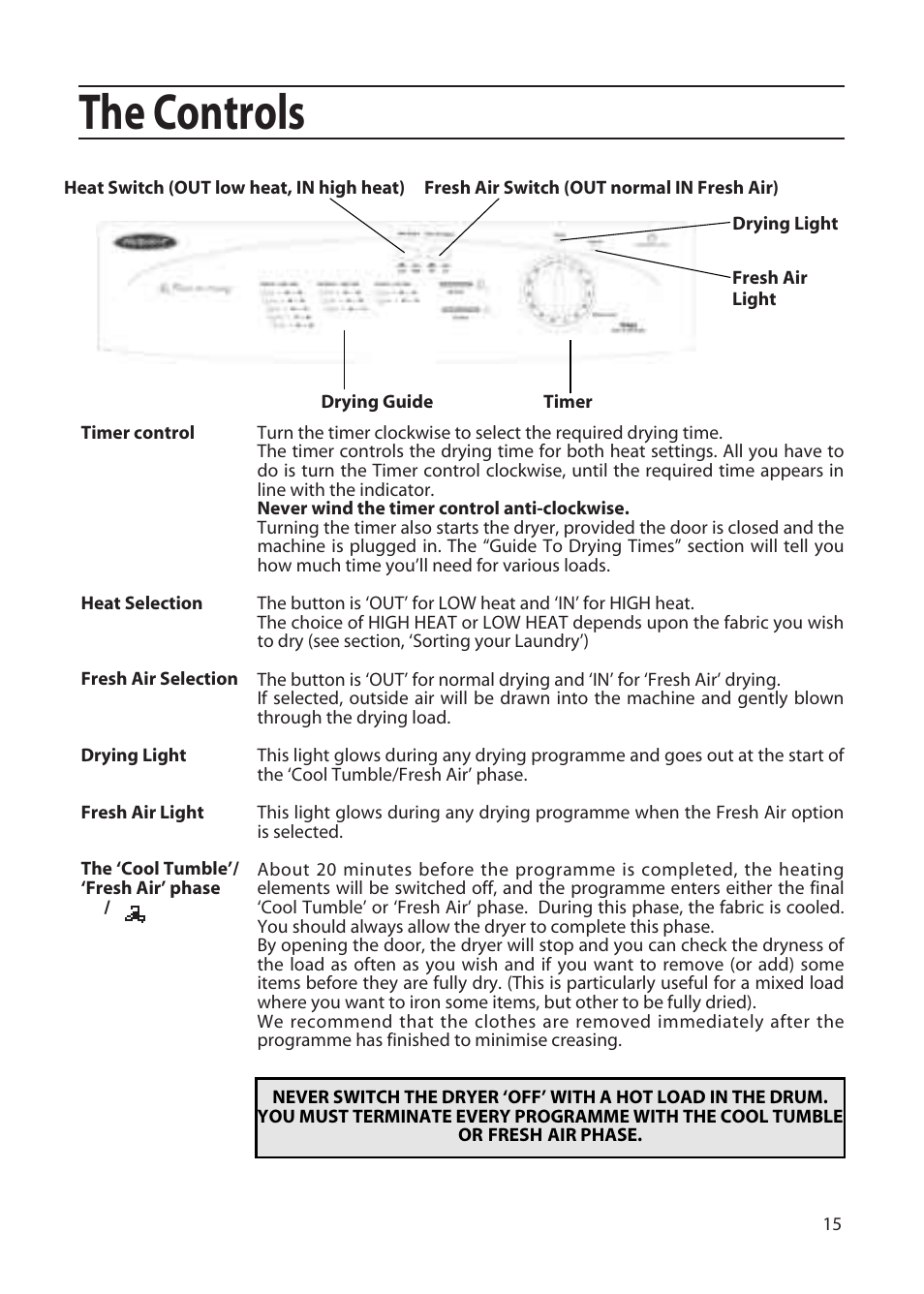 The controls | Hotpoint TFA53 User Manual | Page 15 / 20