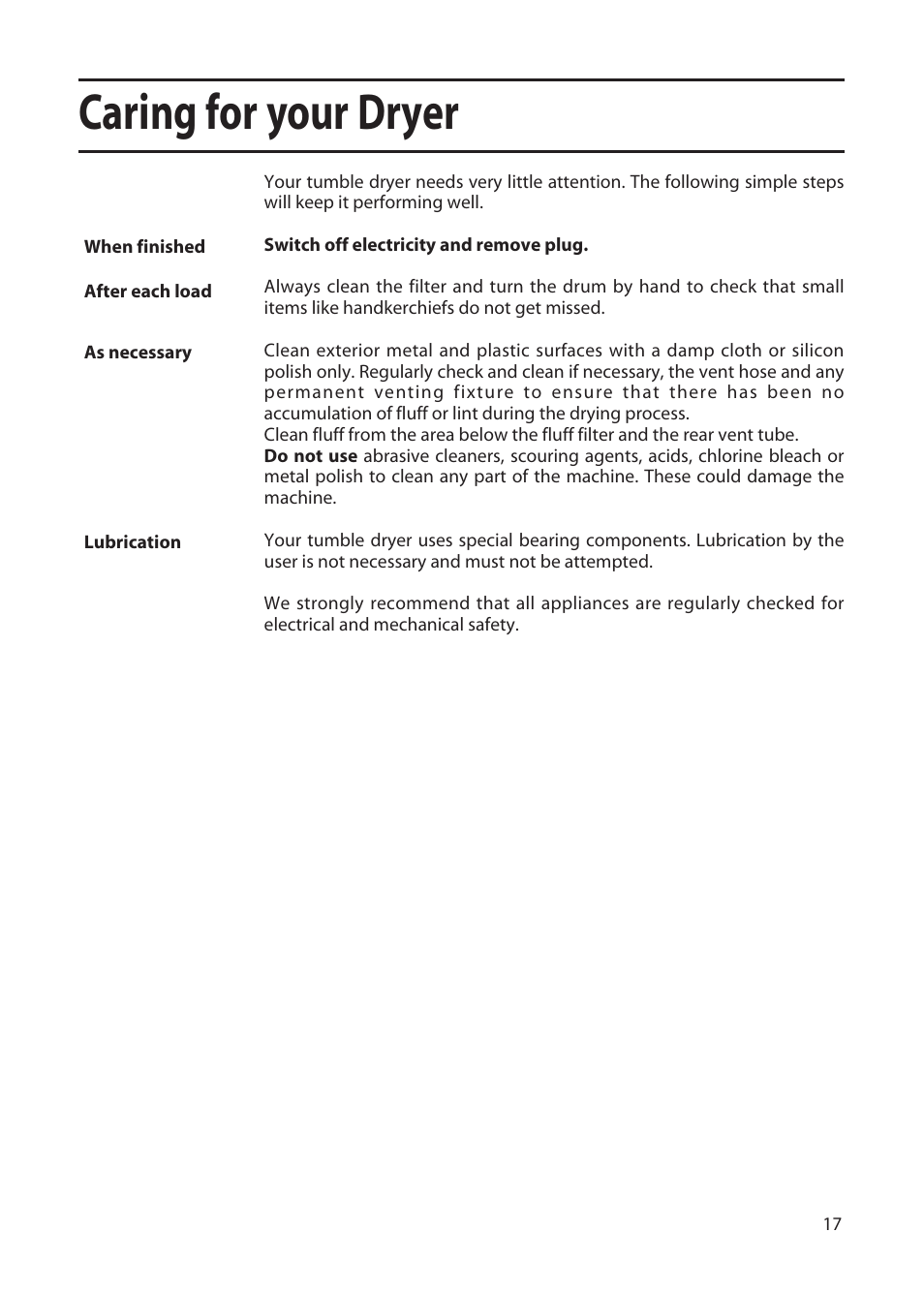 Caring for your dryer | Hotpoint TFA53 User Manual | Page 17 / 20