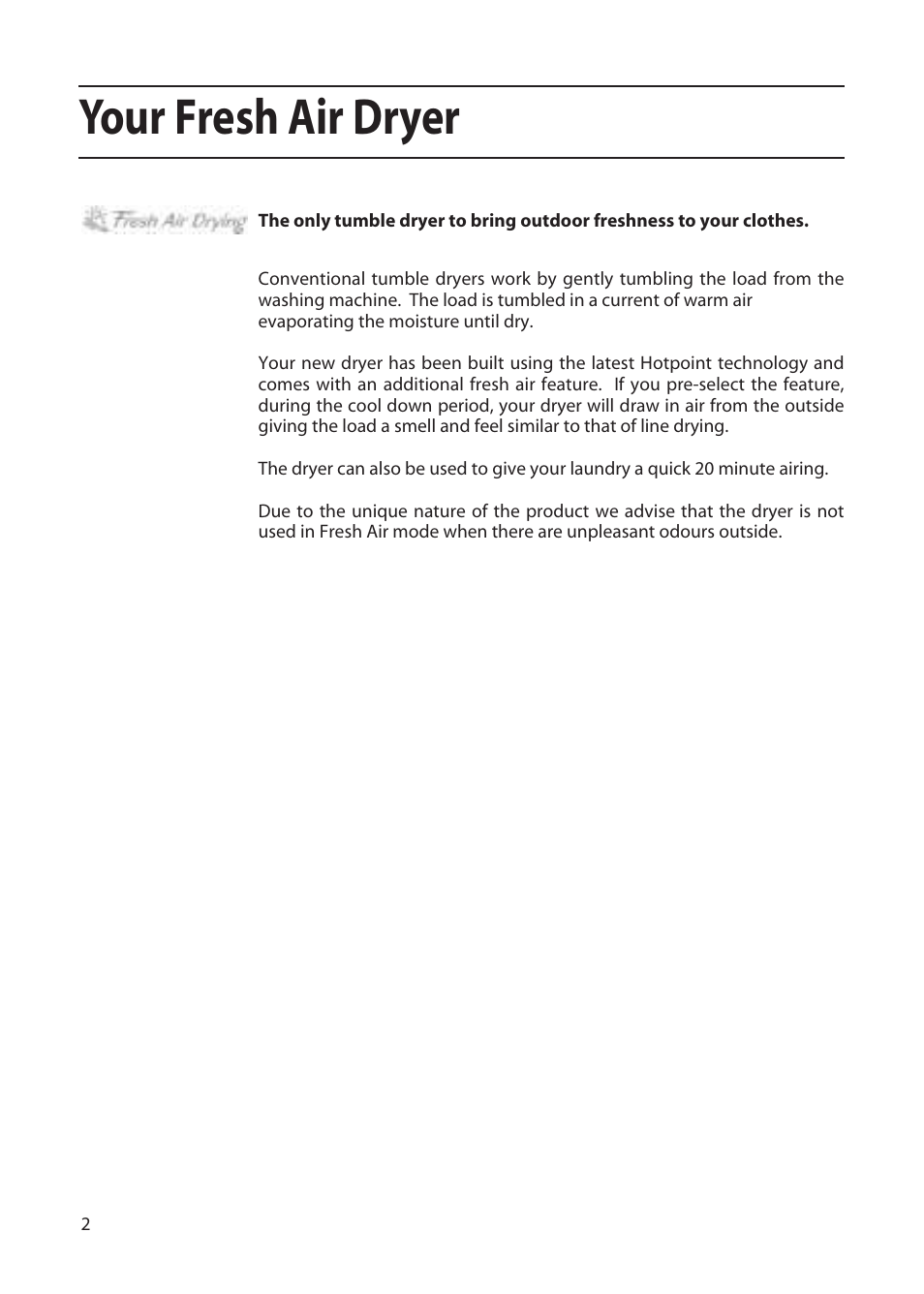 Your fresh air dryer | Hotpoint TFA53 User Manual | Page 2 / 20