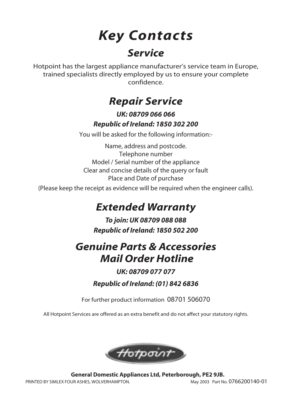 Key contacts, Service, Repair service | Extended warranty, Genuine parts & accessories mail order hotline | Hotpoint TFA53 User Manual | Page 20 / 20