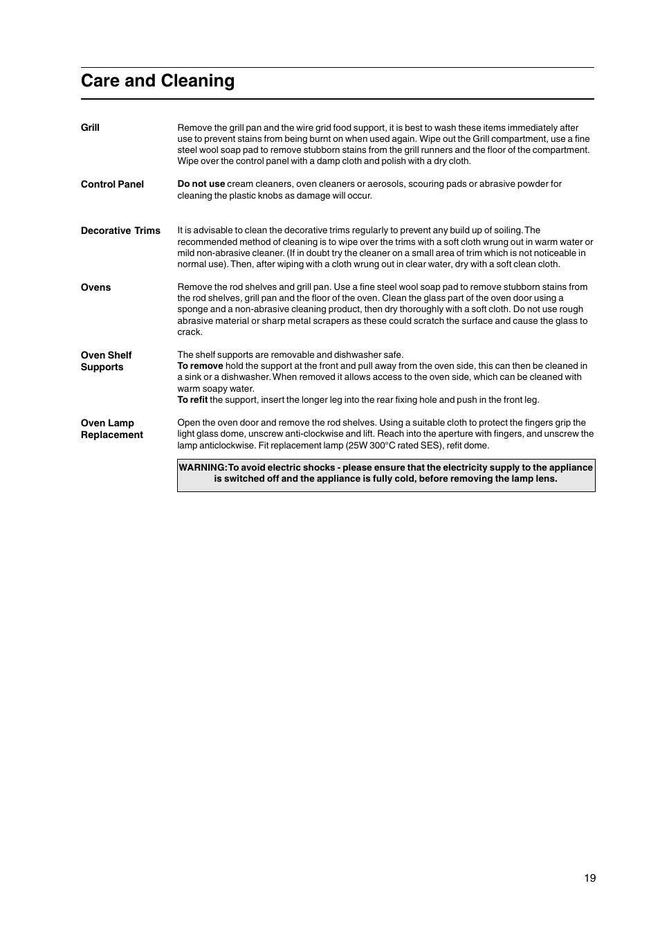 Care and cleaning | Hotpoint GW38K User Manual | Page 19 / 28