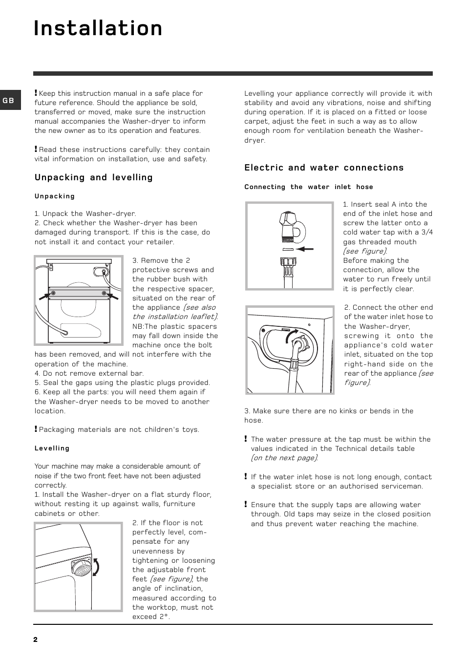 Installation, Electric and water connections, Unpacking and levelling | Hotpoint wdd960 User Manual | Page 2 / 16