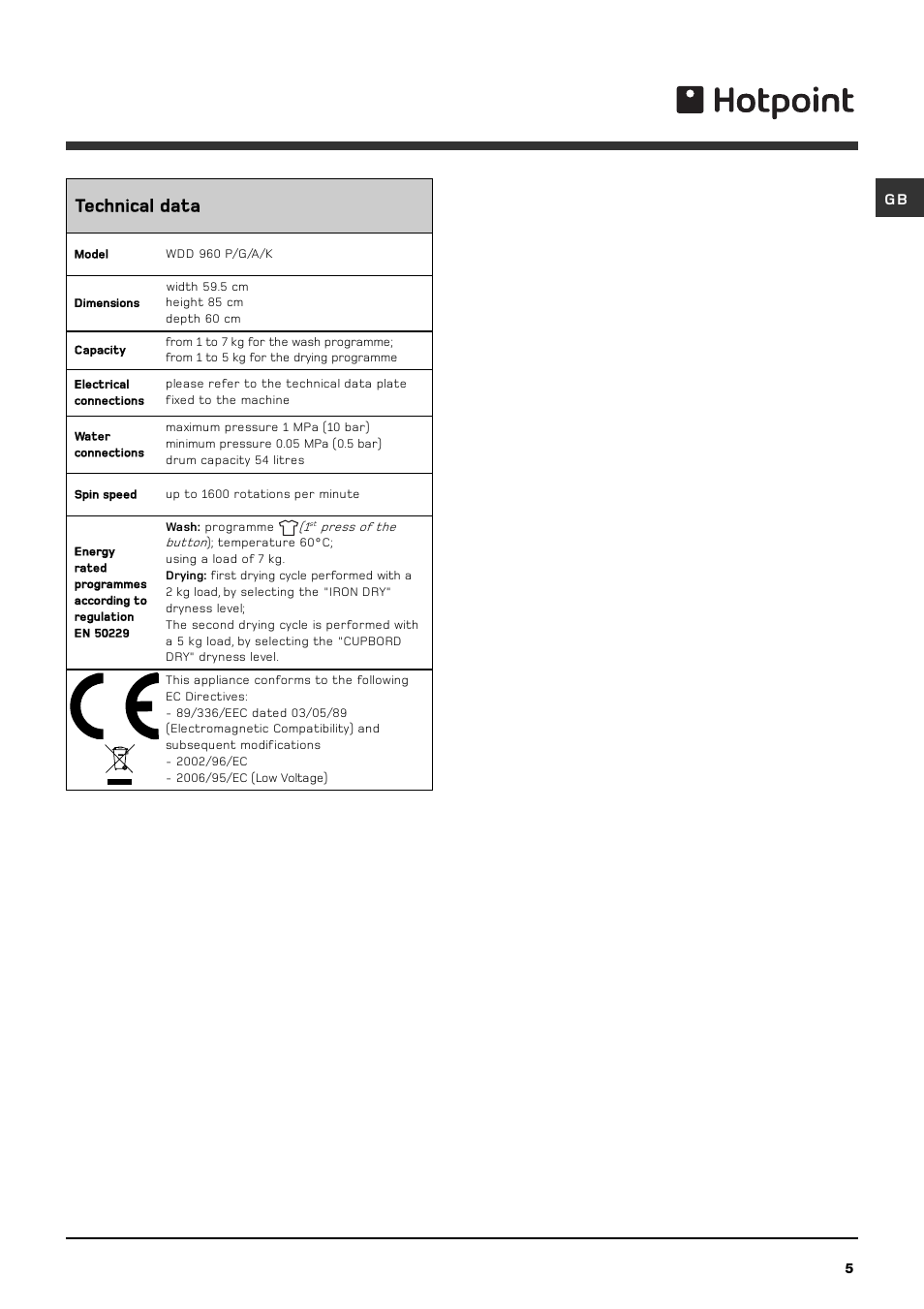 Technical data | Hotpoint wdd960 User Manual | Page 5 / 16