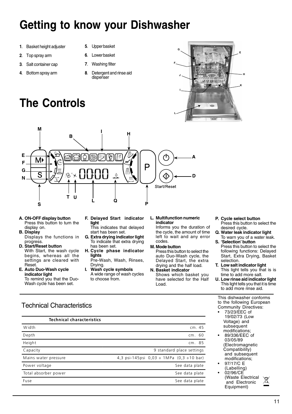 The controls, Getting to know your dishwasher, Technical characteristics | Hotpoint SDW80 User Manual | Page 11 / 20