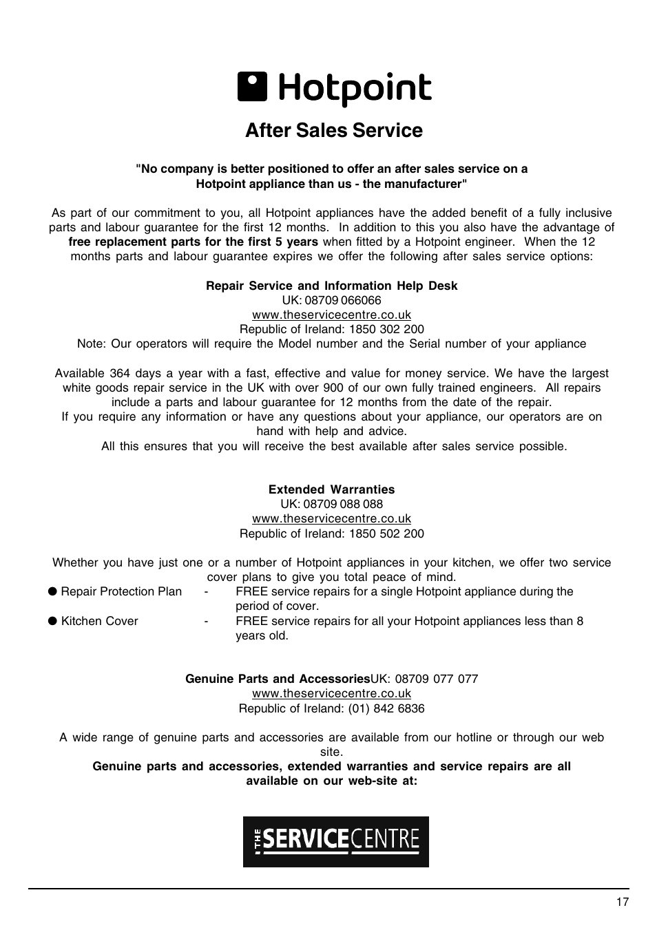 After sales service | Hotpoint SDW80 User Manual | Page 17 / 20