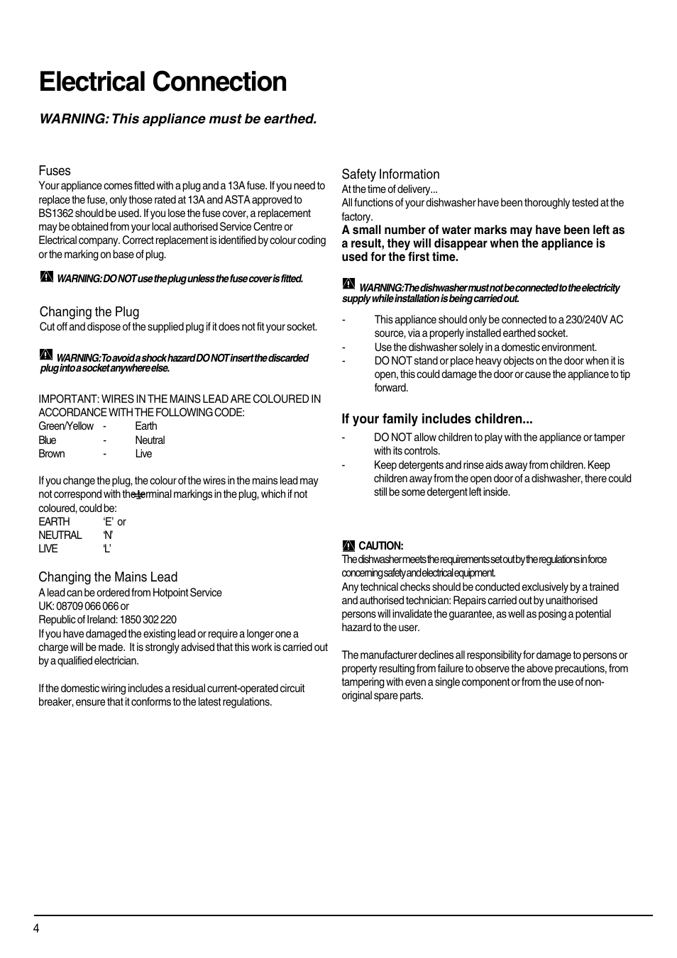 Electrical connection | Hotpoint SDW80 User Manual | Page 4 / 20