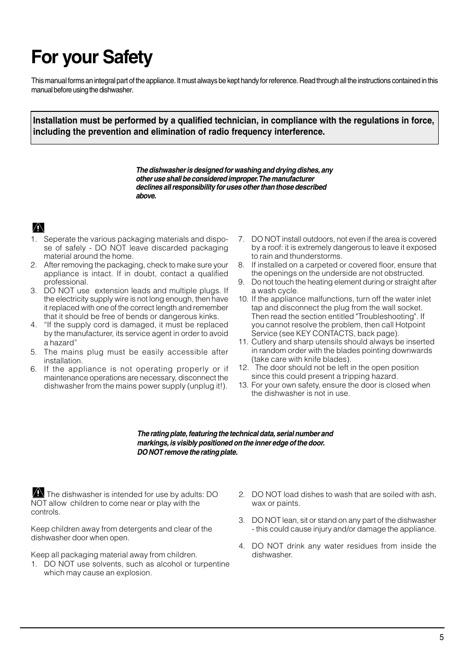 For your safety | Hotpoint SDW80 User Manual | Page 5 / 20