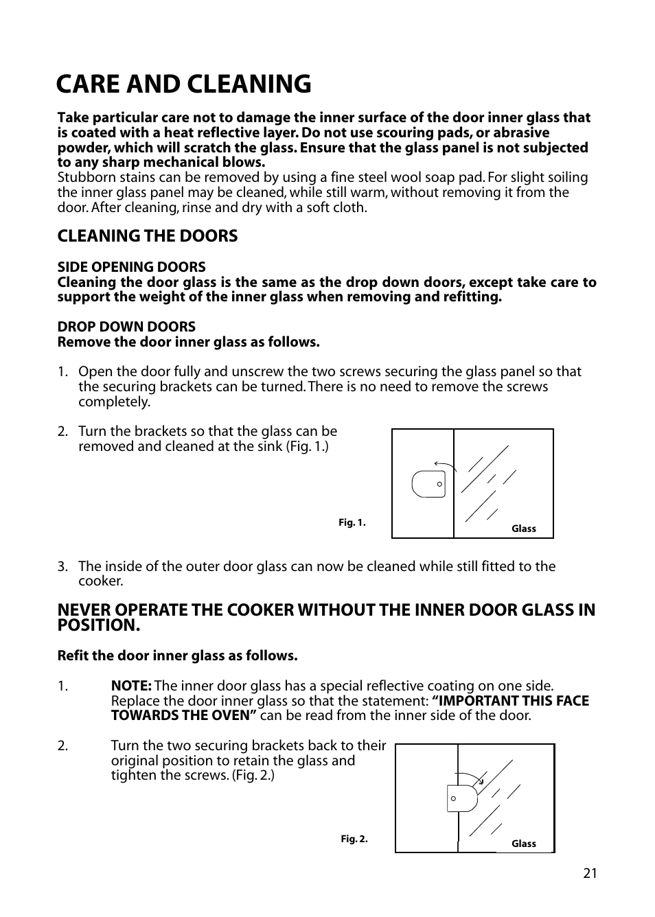 Care and cleaning, Cleaning the doors | Hotpoint EG72 User Manual | Page 21 / 32