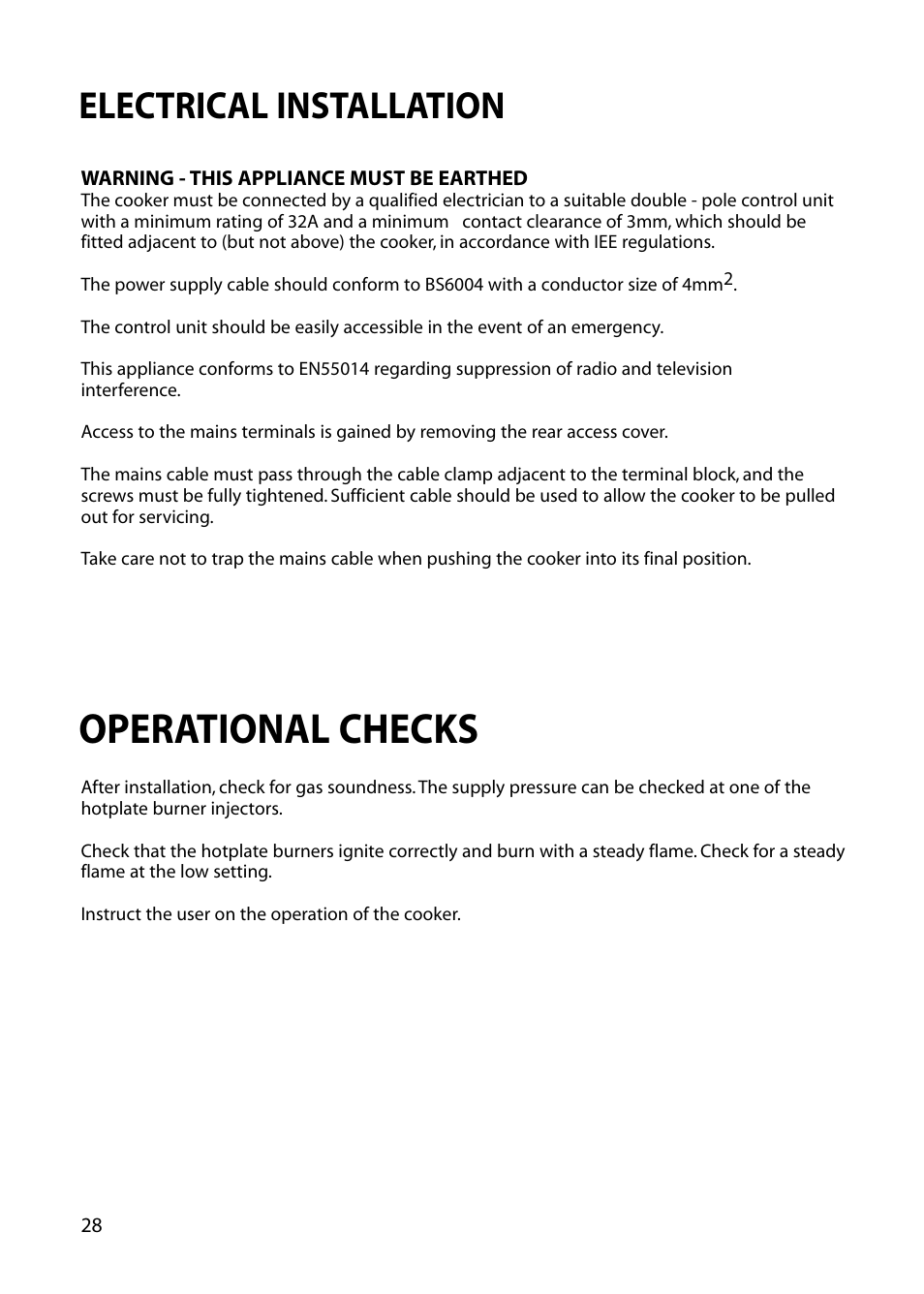 Operational checks, Electrical installation | Hotpoint EG72 User Manual | Page 28 / 32