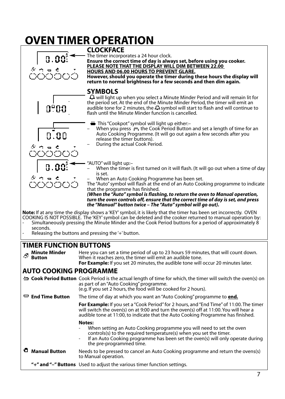 Oven timer operation, Clockface, Symbols | Timer function buttons auto cooking programme | Hotpoint EG72 User Manual | Page 7 / 32