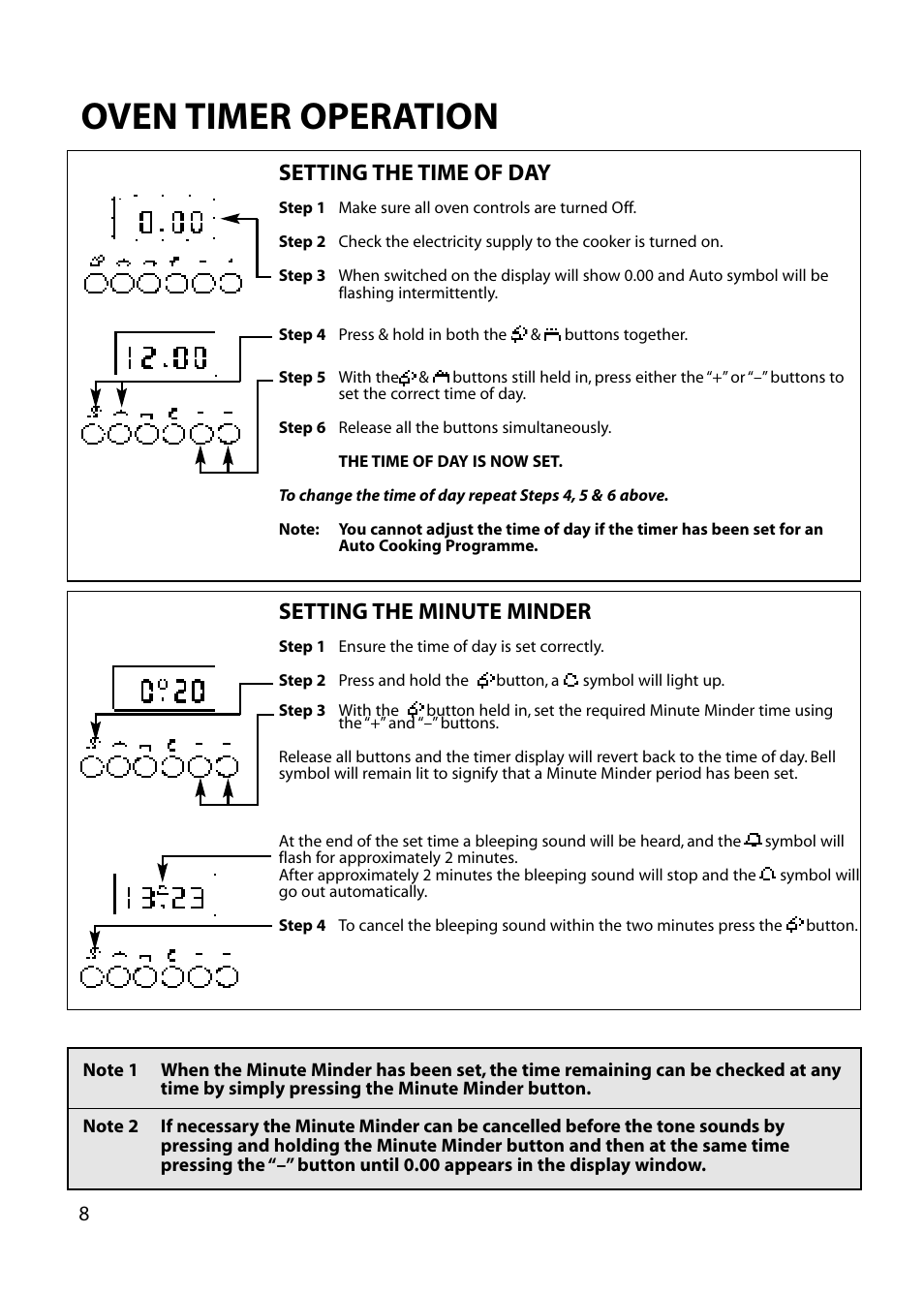 Oven timer operation, Setting the time of day, Setting the minute minder | Hotpoint EG72 User Manual | Page 8 / 32