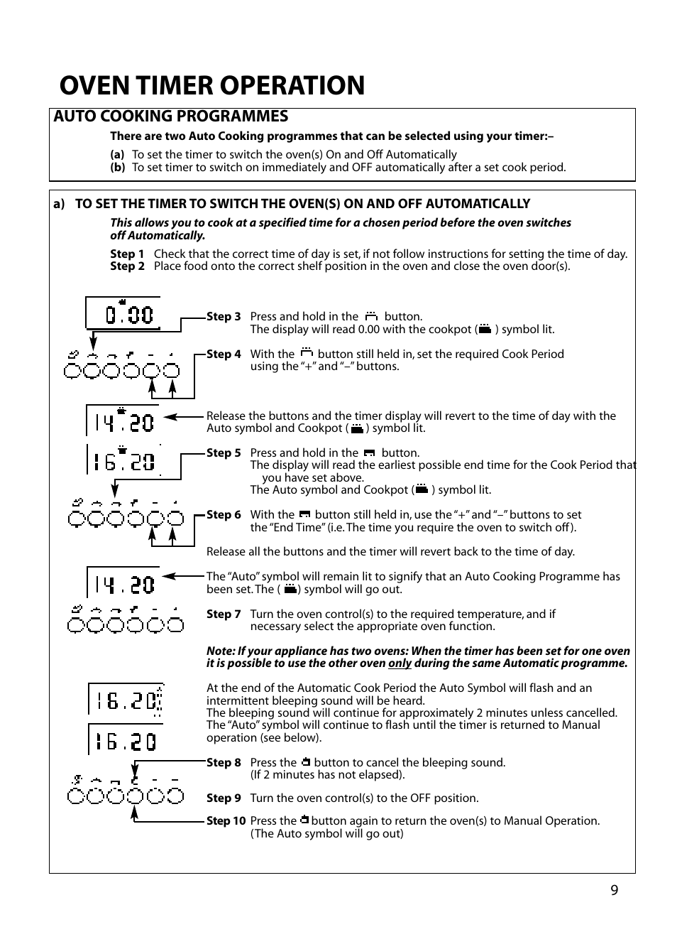 Oven timer operation, Auto cooking programmes | Hotpoint EG72 User Manual | Page 9 / 32