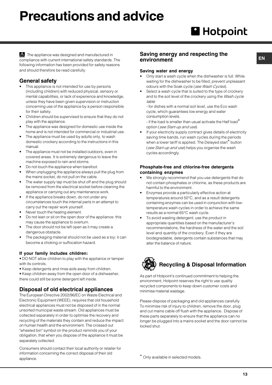 Precautions and advice, General safety, Disposal of old electrical appliances | Saving energy and respecting the environment, Recycling & disposal information | Hotpoint FDUD4212 User Manual | Page 13 / 16
