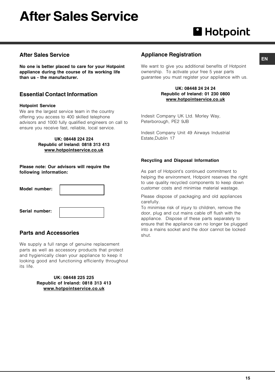 After sales service | Hotpoint FDUD4212 User Manual | Page 15 / 16