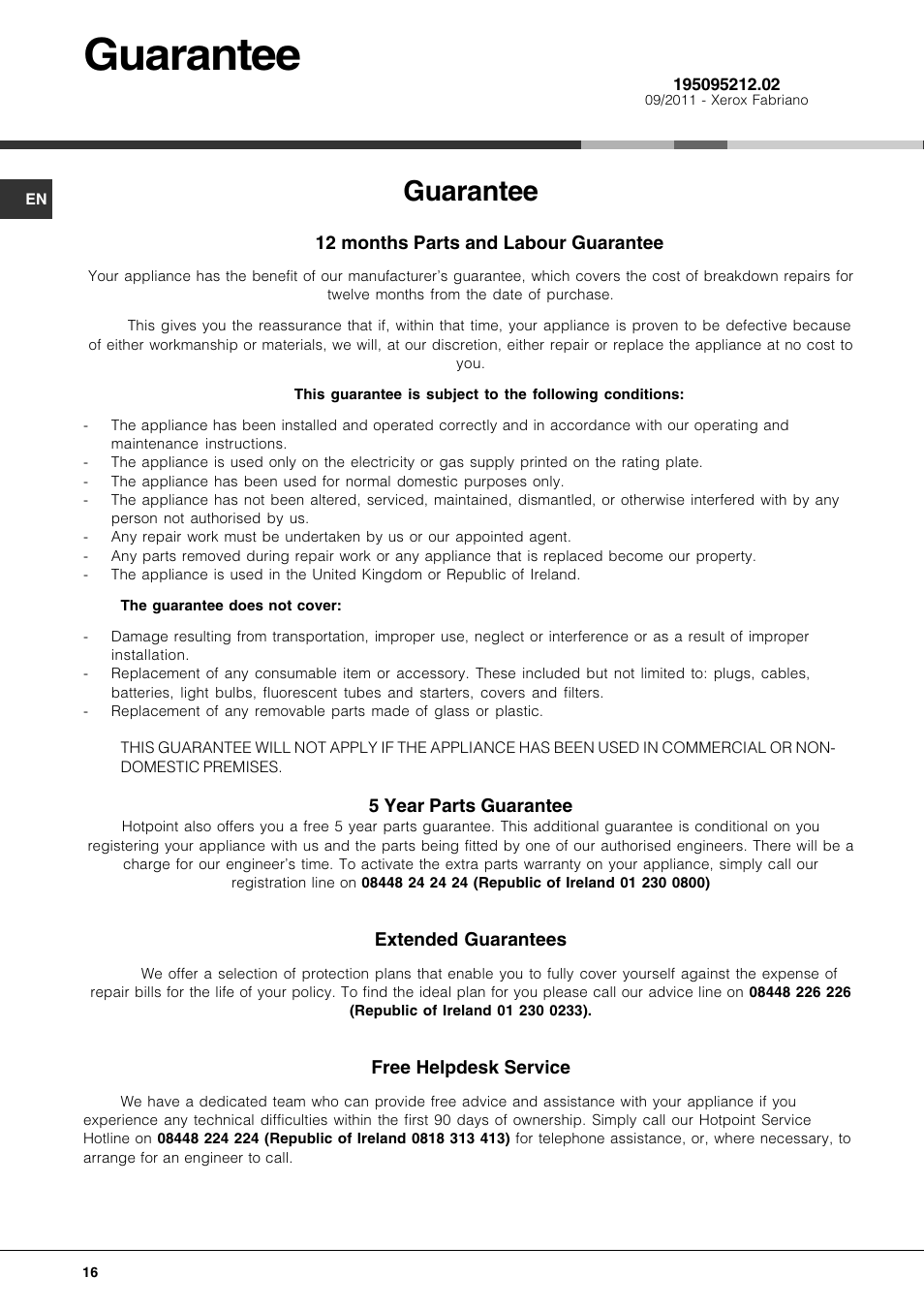 Guarantee | Hotpoint FDUD4212 User Manual | Page 16 / 16